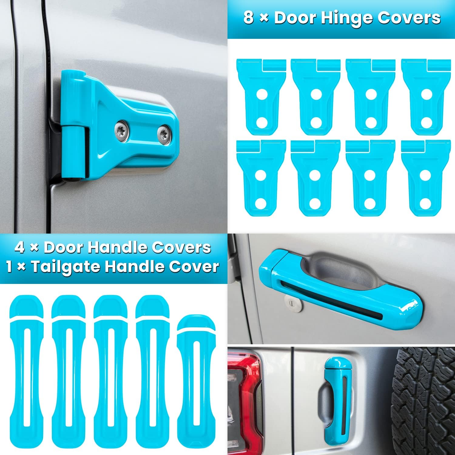 26PCS Full Set Exterior Decoration Trim Kit for Jeep Wrangler JL JLU 2018-2025 Door Hinge Handle Engine Hood Hinge Latch Wheel Eyebrow Side Air Outlet Rear Tailgate Window Hinge Cover (Light Blue)