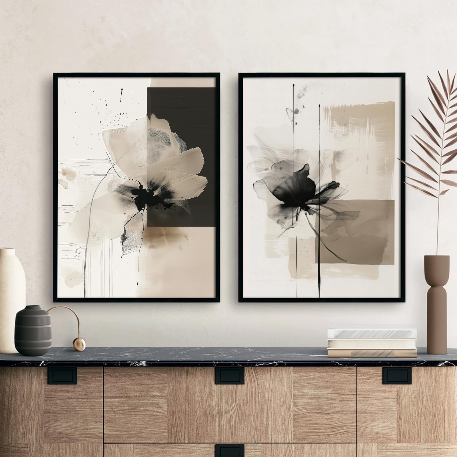 Abstract Floral Wall Art Minimalist Neutral Canvas Painting Beige Black 12x16
