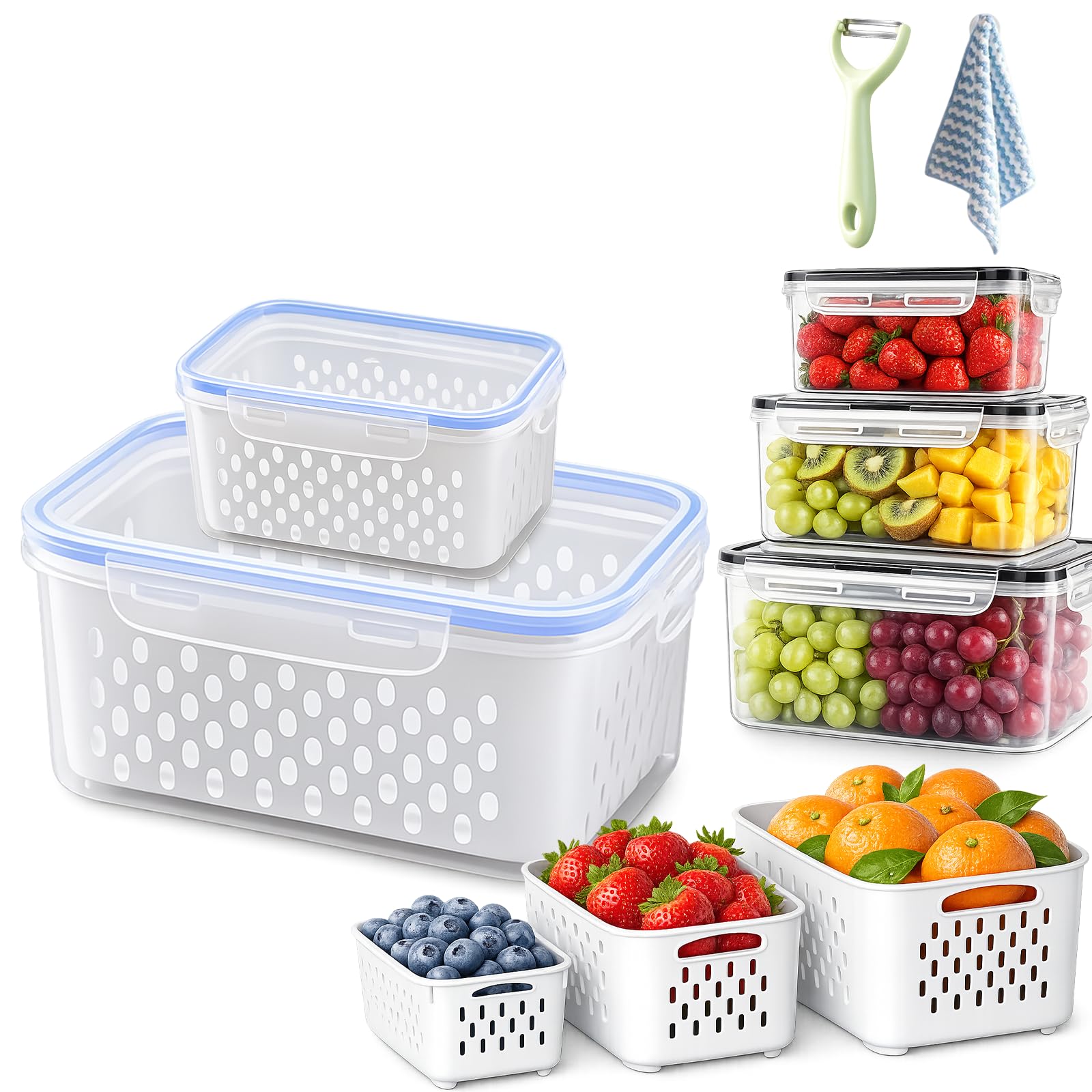 4-in-1 Produce Storage Containers, 3-Pack Set Fruit Storage Containers for Fridge with Removable Colander & Airtight Lids, Leak Proof Drain Basket for Fresh Vegetable Organization (Blue,S+L)