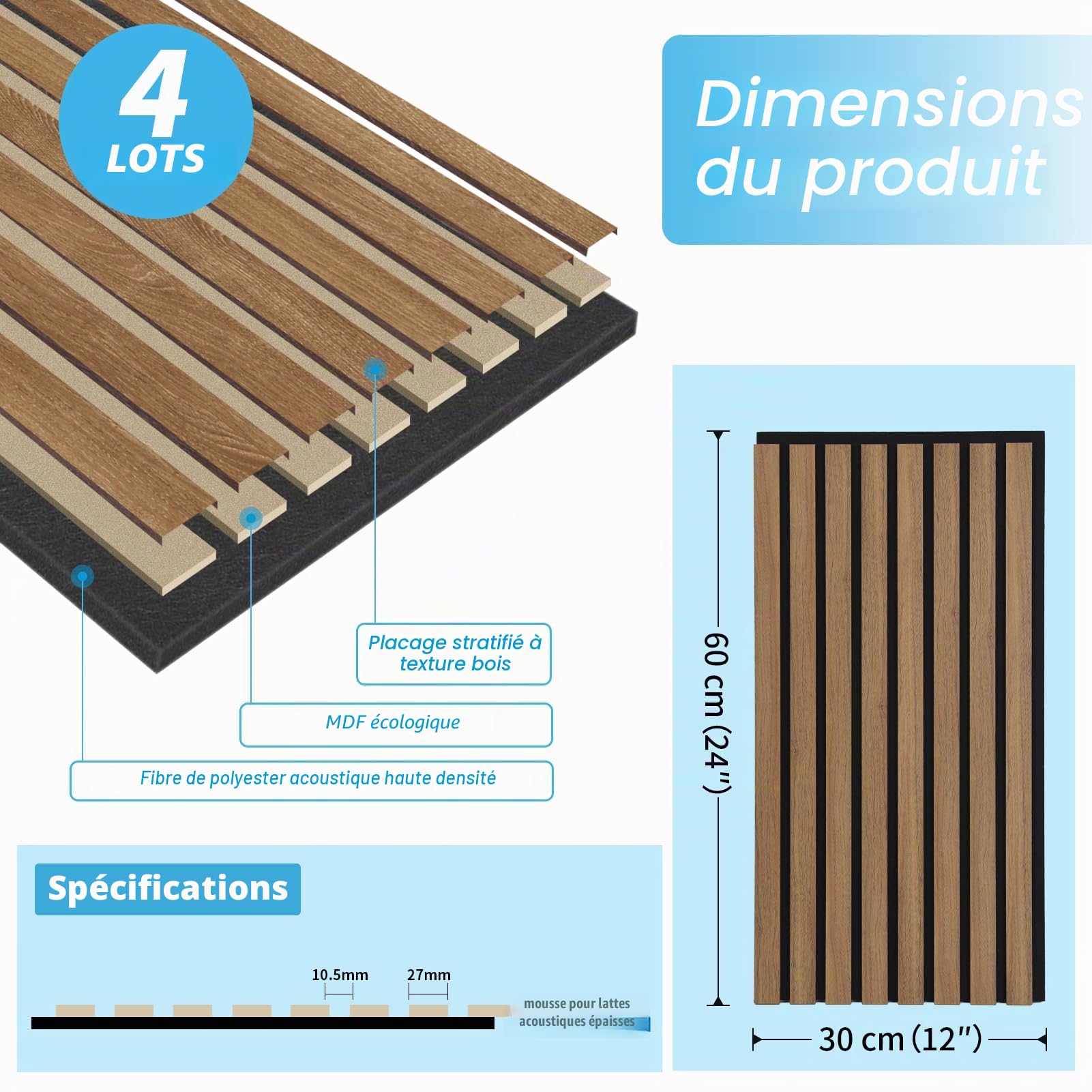 Art3d Lot de 4 panneaux muraux acoustiques à lattes en bois pour décoration d'intérieur, panneaux en bois cannelés 3D absorbant le bruit pour mur, plafond, cuisine, salon, chambre à coucher, bureau