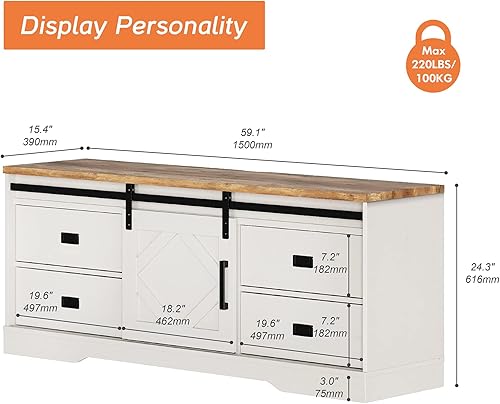Miniatura 10 de WAMPAT Moderno soporte de TV de granja para televisores de hasta 65 pulgadas, centro de entretenimiento de madera con cajones y estante ajustable