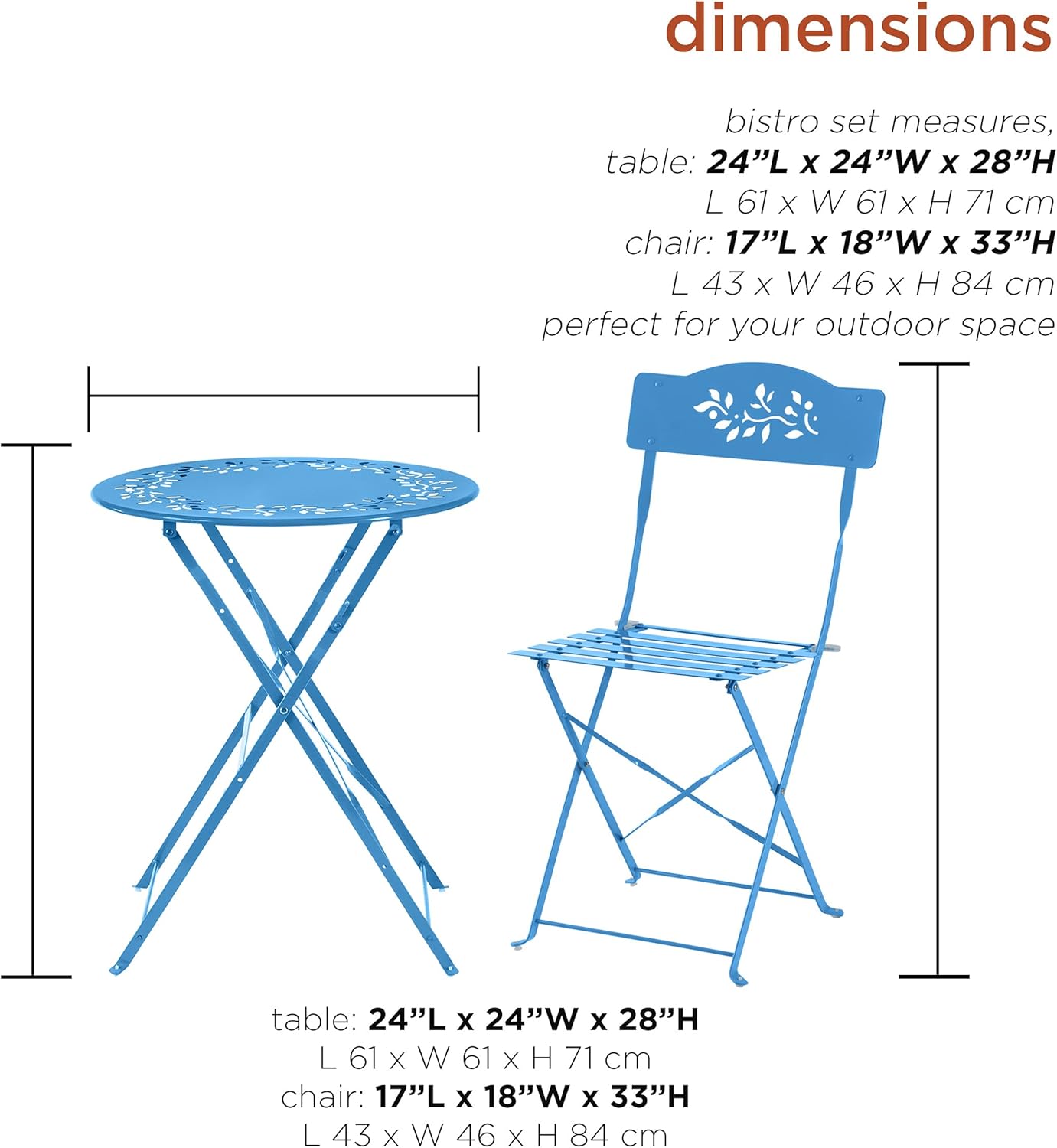Alpine Corporation MSY100A-RD Bistro Set, Table: 24" L x 24" W x 28" H Chair: 17" L 18" W x 33" H, Red & Bistro Set, Table: 24" L x 24" W x 28" H Chair: 17" L 18" W x 33" H, Blue