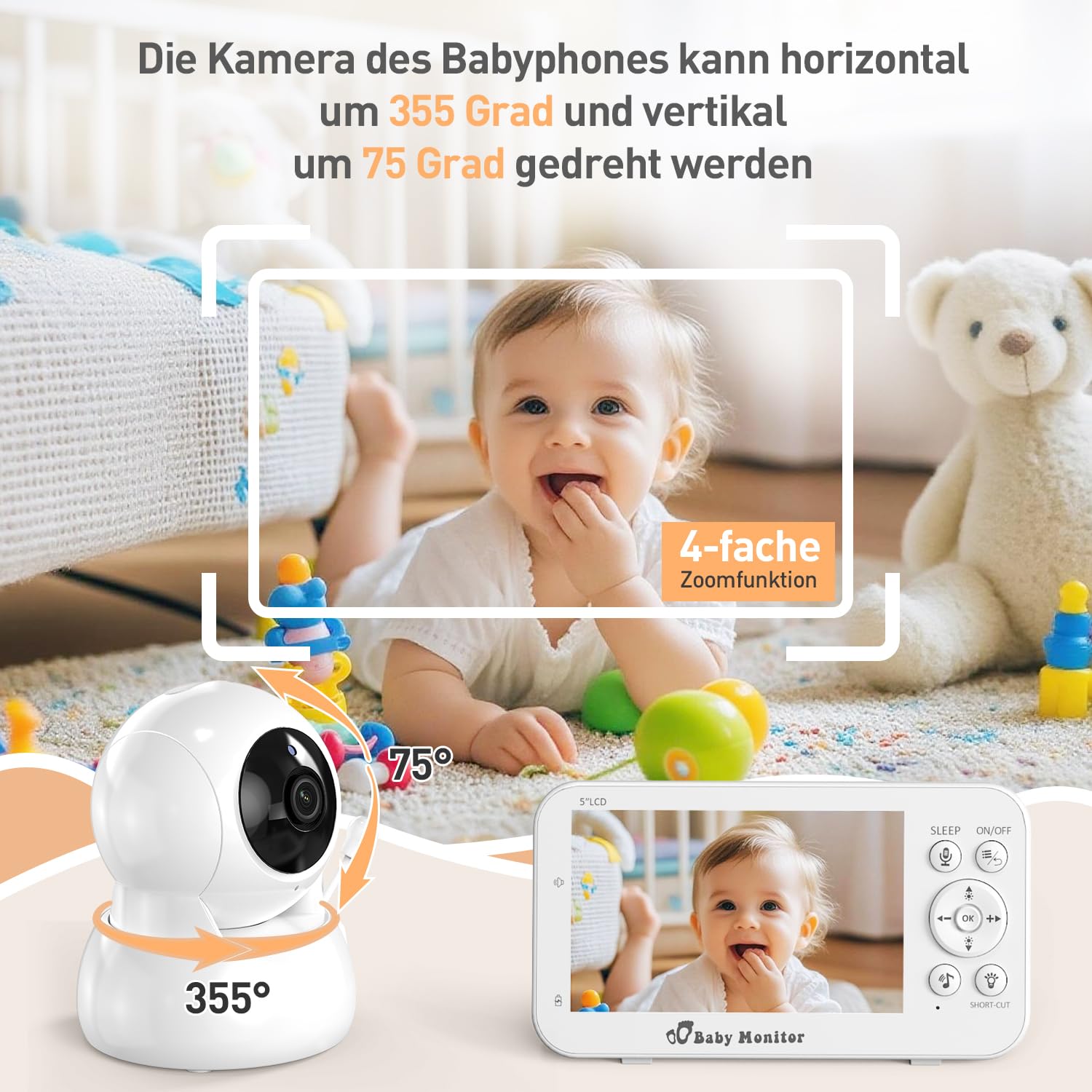 Babyphone mit Kamera und Audio, 5" Bildschirm Babyfon mit Kamera Ohne WLAN, Babyphones 5200 mAh Akku, Baby Monitor with Camera IR-Nachtsicht 2-Wege-Audio Vox-Modu Temperatursensor.