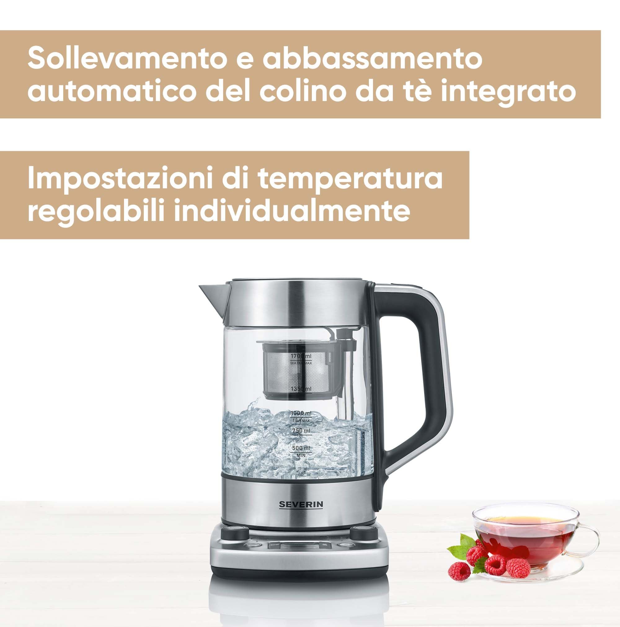 SEVERIN Bollitore e Tea Maker con funzione di sollevamento automatico, impostazione della temperatura e funzione di ebollizione rapida, capacità 1,7 litri di acqua o 1 litro di tè, WK 3422