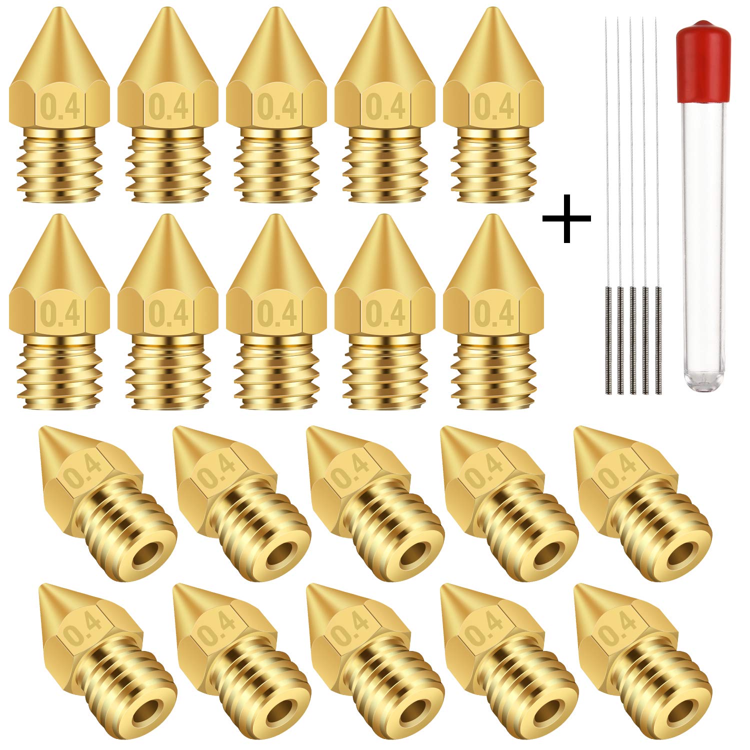 TUZUK 20 Pcs M6 Imprimante 3d Extrudeuse Laiton Buse De 0,4 Mm Buse Tête D'impression Pour E3D V6 MakerBot (Lulzbot, Ultimaker, Pulse, Robo, Makebot, Etc.), Bonus 5 Pcs Nettoyage Aiguille