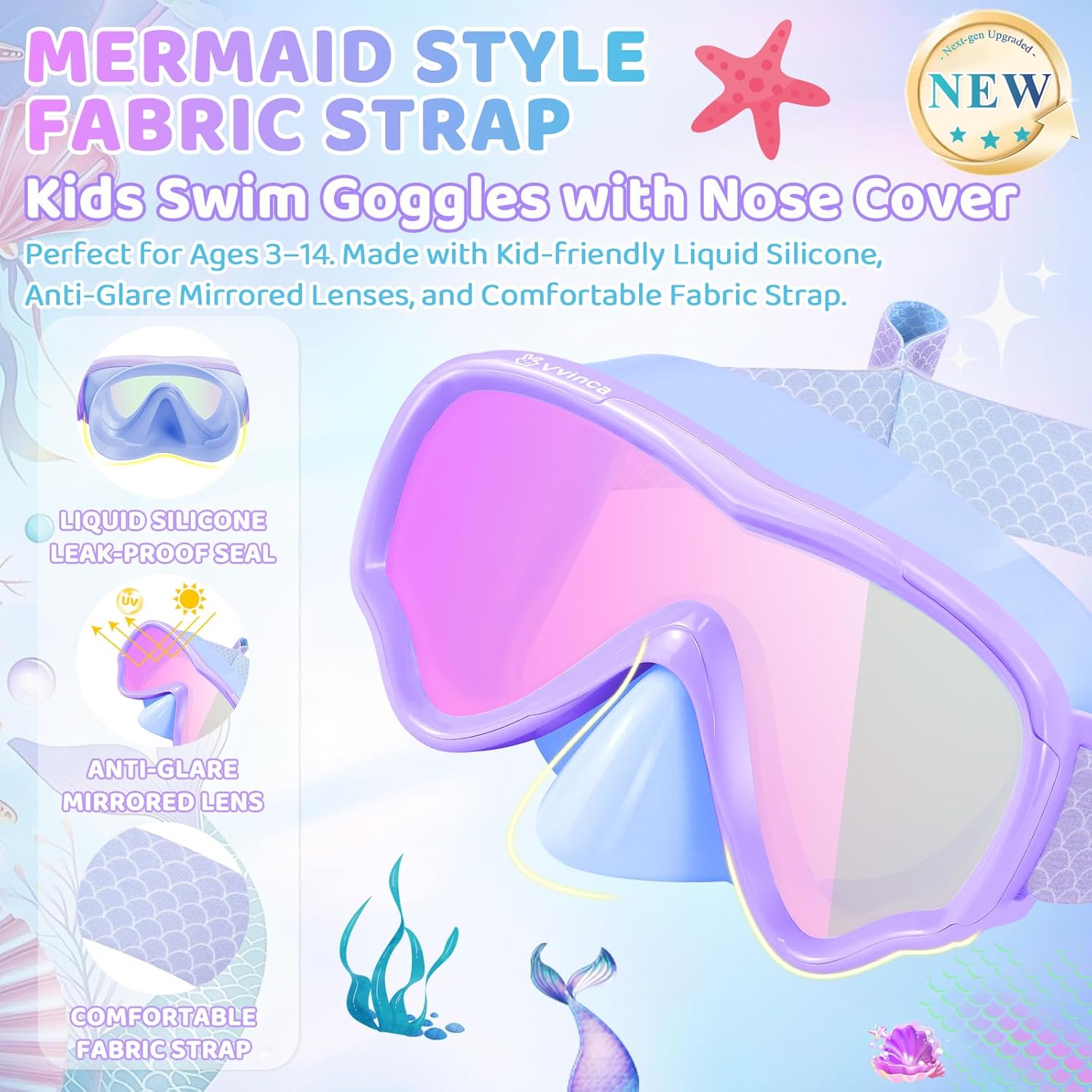 Vvinca Kids Swim Goggles with Nose Cover & Fabric Strap - Anti-Fog/UV Waterproof Swimming Goggles for Boys Girls 3-15