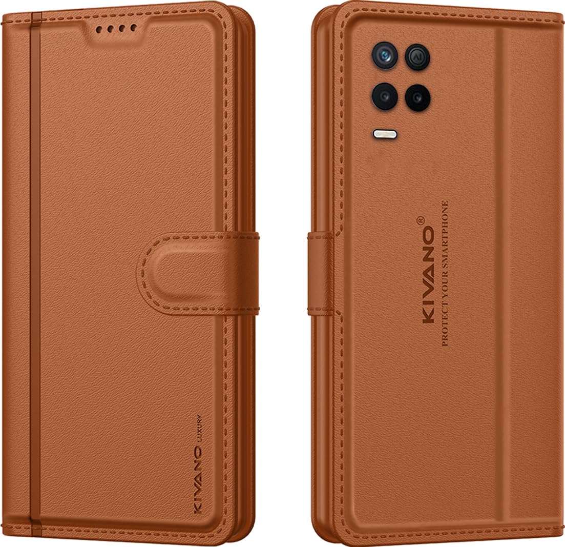 Compatible for Realme 9 5G / Realme 8 5G / Realme 8S 5G Luxury Handmade Leather Magnetic Flip Folio Case | Card Holder & Kickstand | Slim Protective Cover | Unisex – Brown