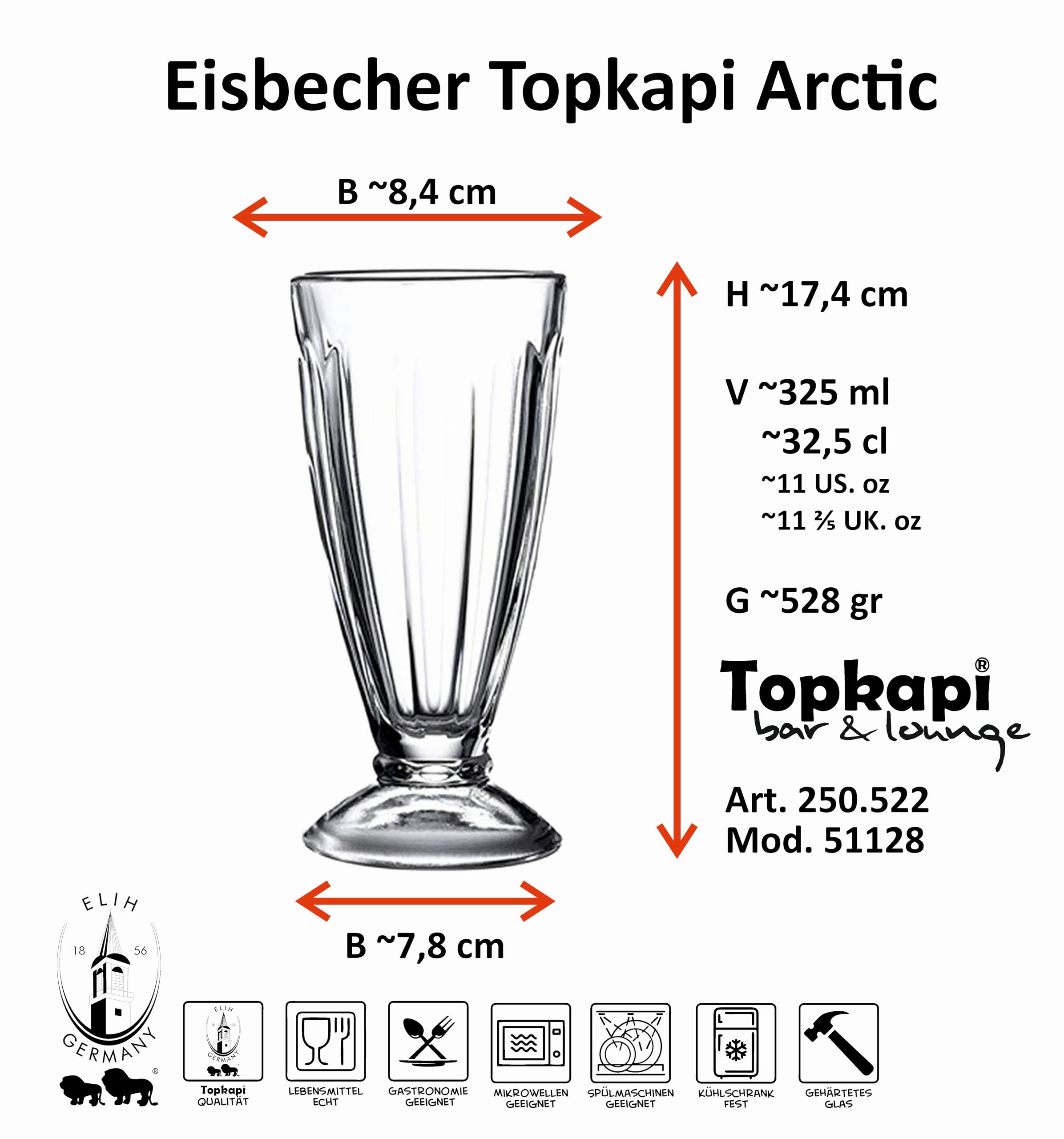 Set Di 6 Bicchieri Per Gelato Arctic | 300 Ml, Vetro Temperato | Per Frapp&eacute;, Frullati, Cocktail | Design Senza Tempo