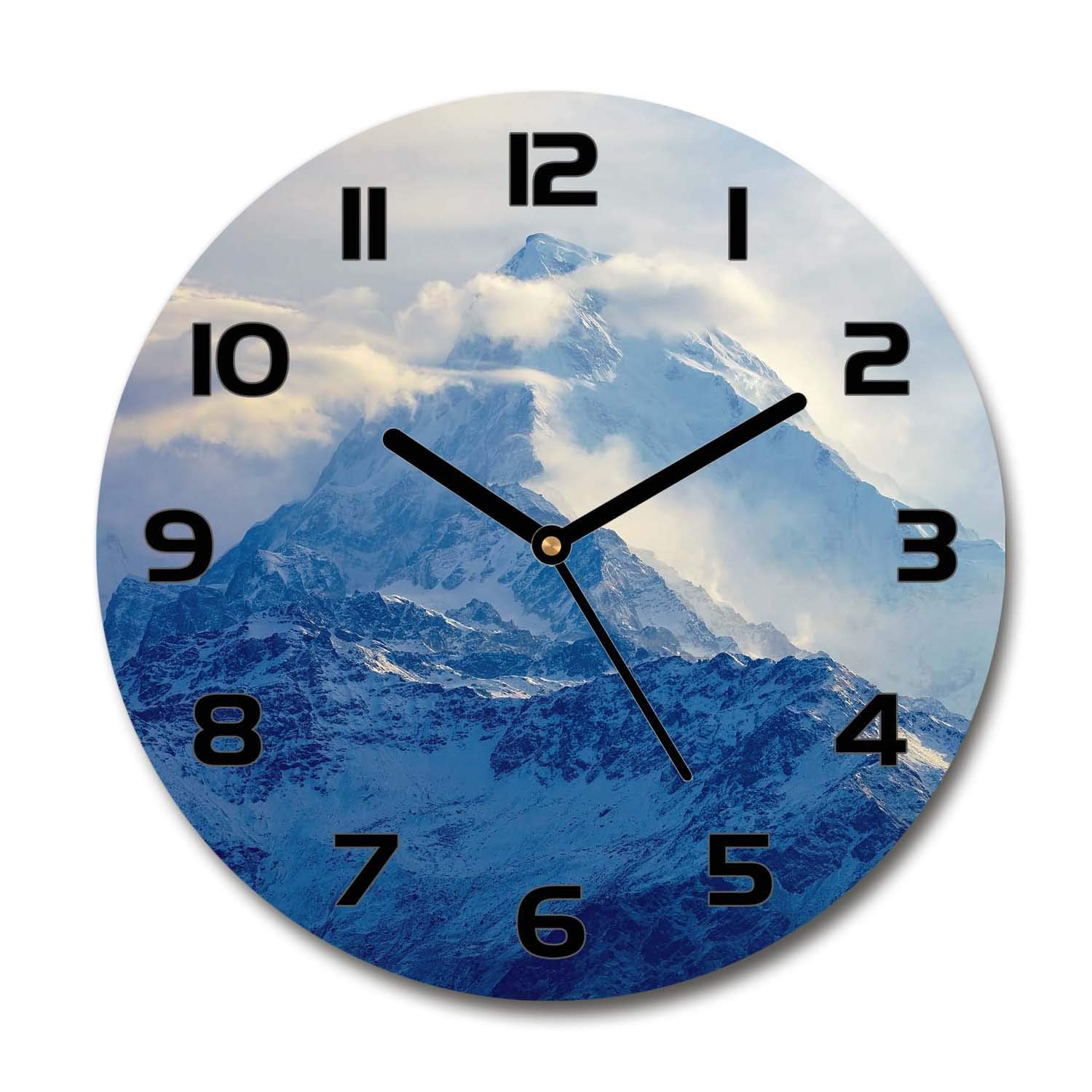Horloge murale salon design Tulup en verre avec paysage de montagne pour une ambiance zen