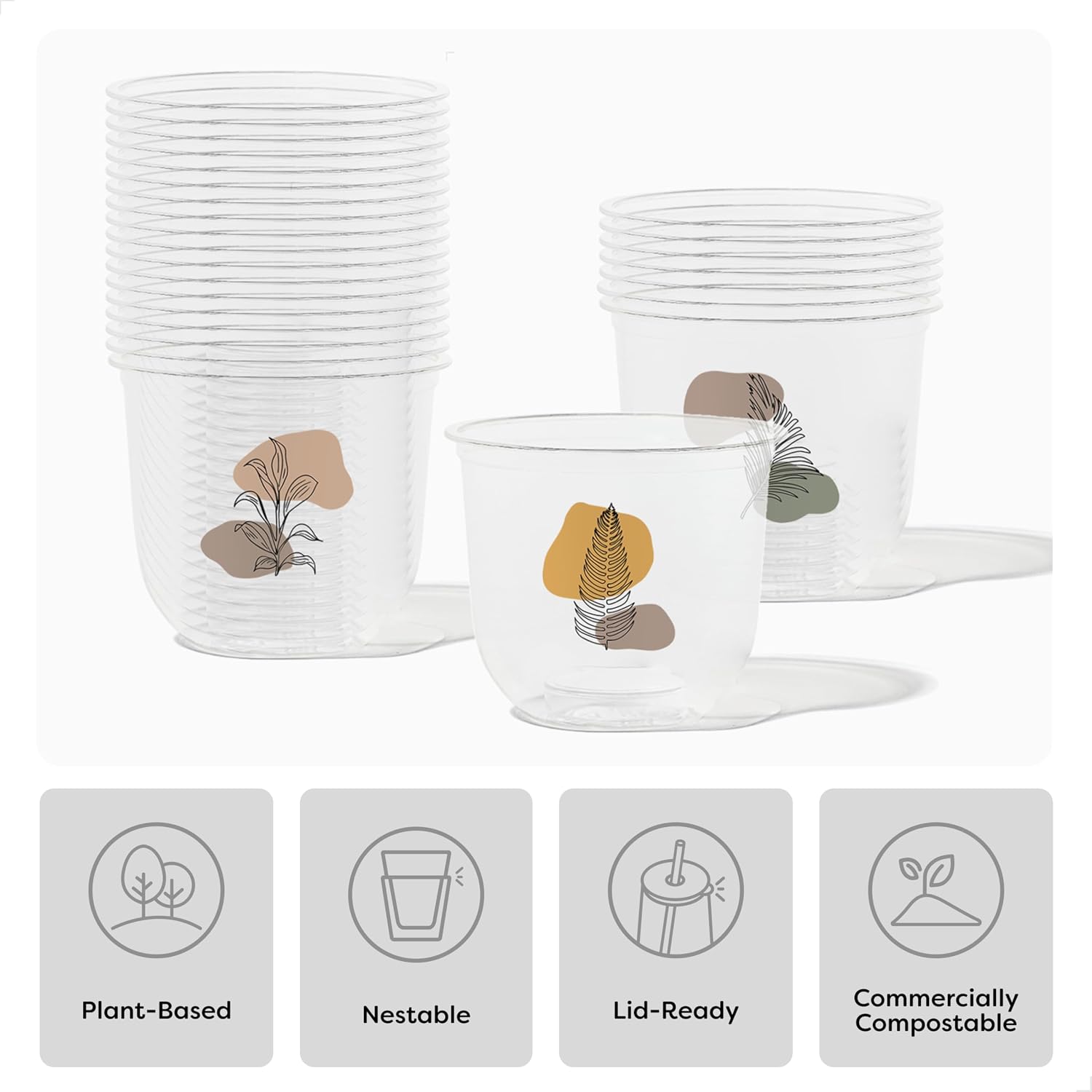 TOSSWARE NATURAL 12oz Arc - Botanical Linework - Plant Based 98mm Cups - Plastic Alternative for Parties, Bachelorettes, Weddings - Recyclable Theme Cold Cups - Set of 24 image 2