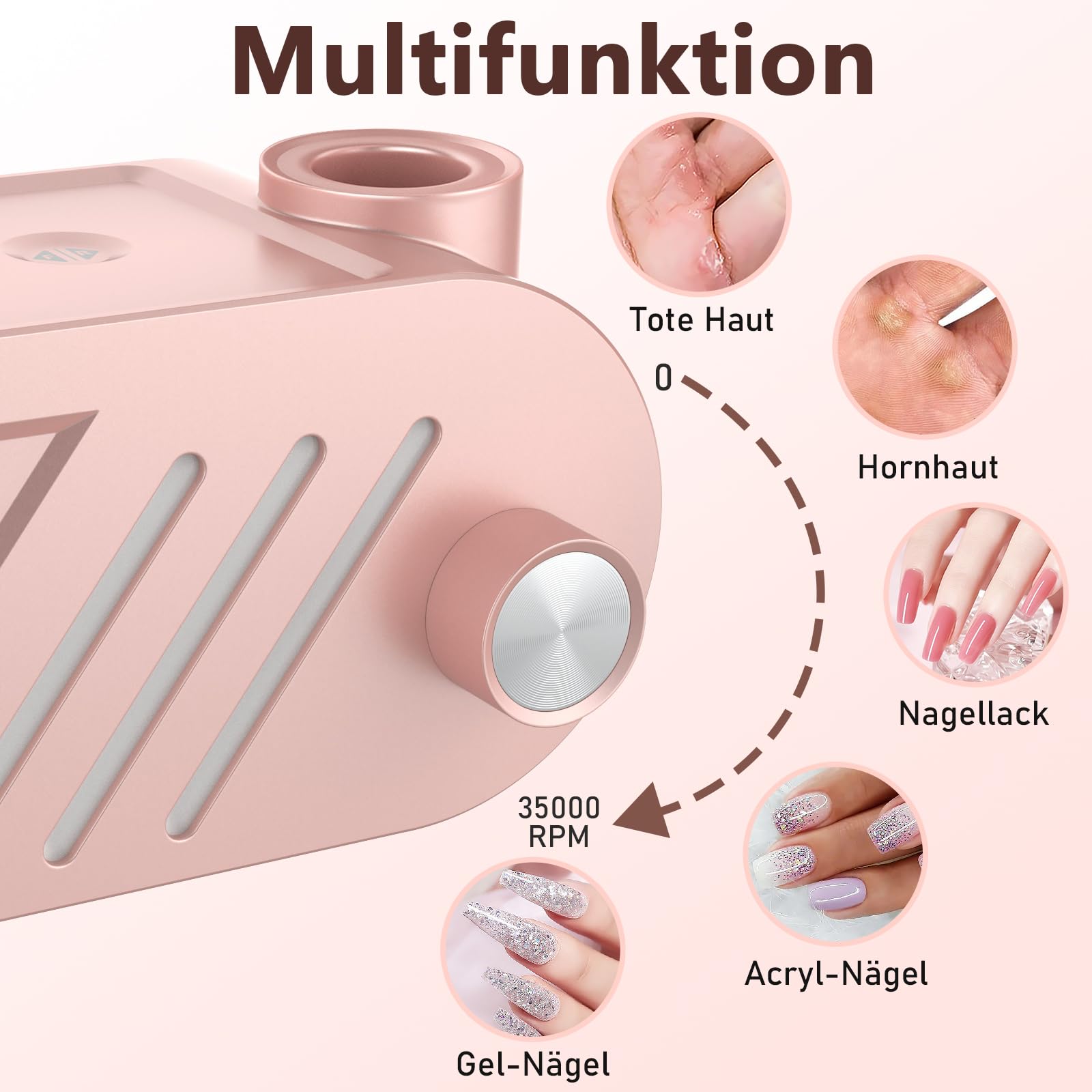 Nagelfräser - Elektrische Nagelfeile Maniküre Pediküre Set , Nagelfräser Maniküre, Fräser für Gelnägel und Acrylnägel, 35000U/M, Set mit 6 Fräsen, Rose