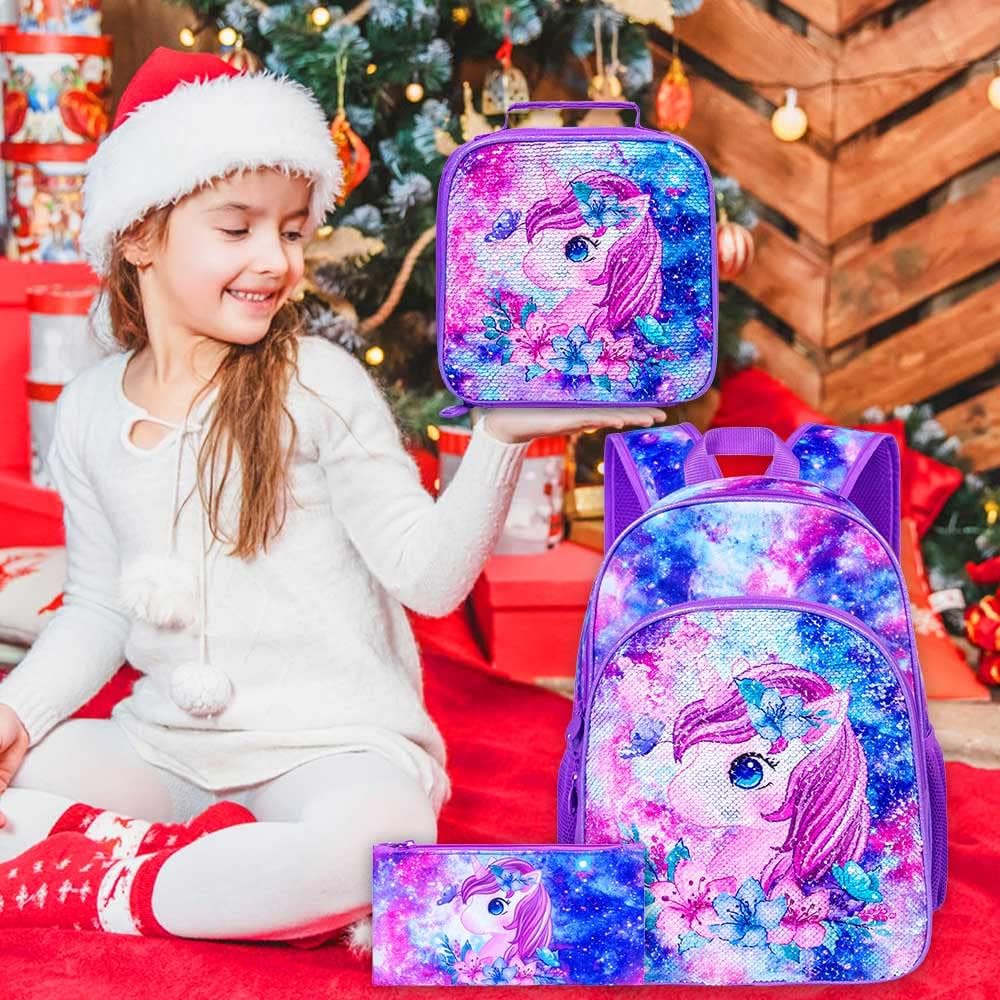 KLFVB 3PCS Unicorn Mermaid Backpack for Girls, 16" Sequin Kids Bookbag and Lunch Box, Preschool Backpacks for Elementary - Image 8