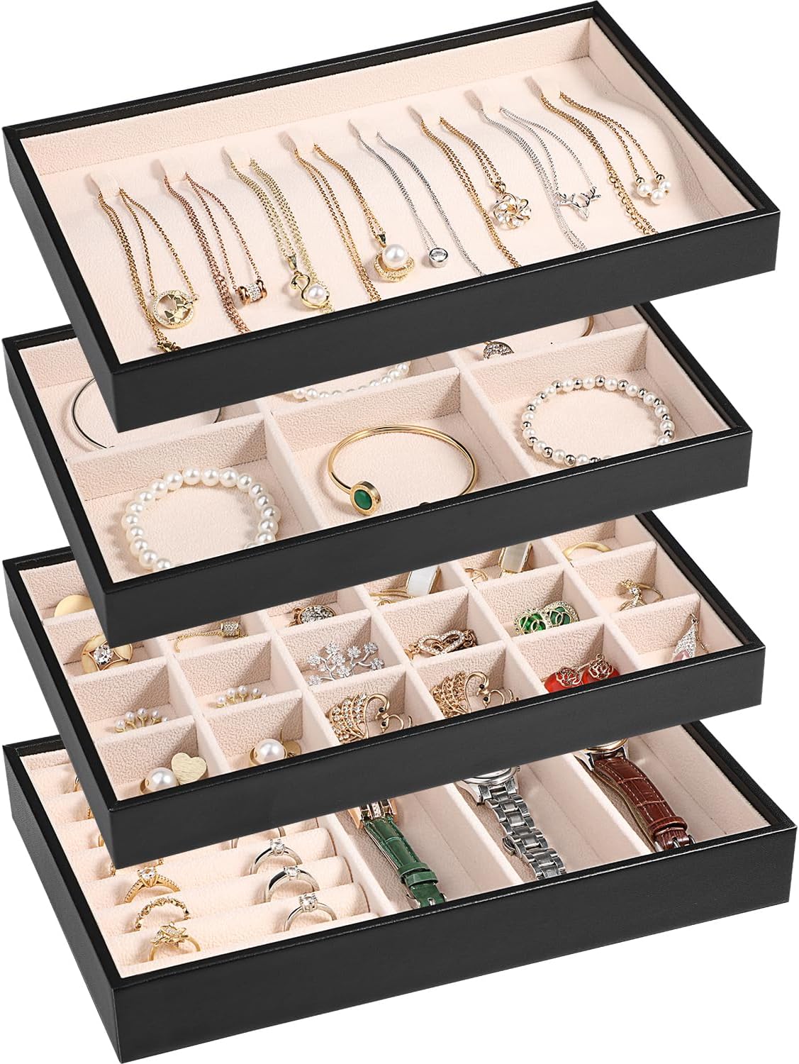 LANDICI Stackable Jewelry Organizer Trays 4 Set,PU Leather Jewelry Storage Holder for Drawer Inserts,Jewellery Display Case Box for Earring Necklace Rings Bracelet with Removable Dividers,Black
