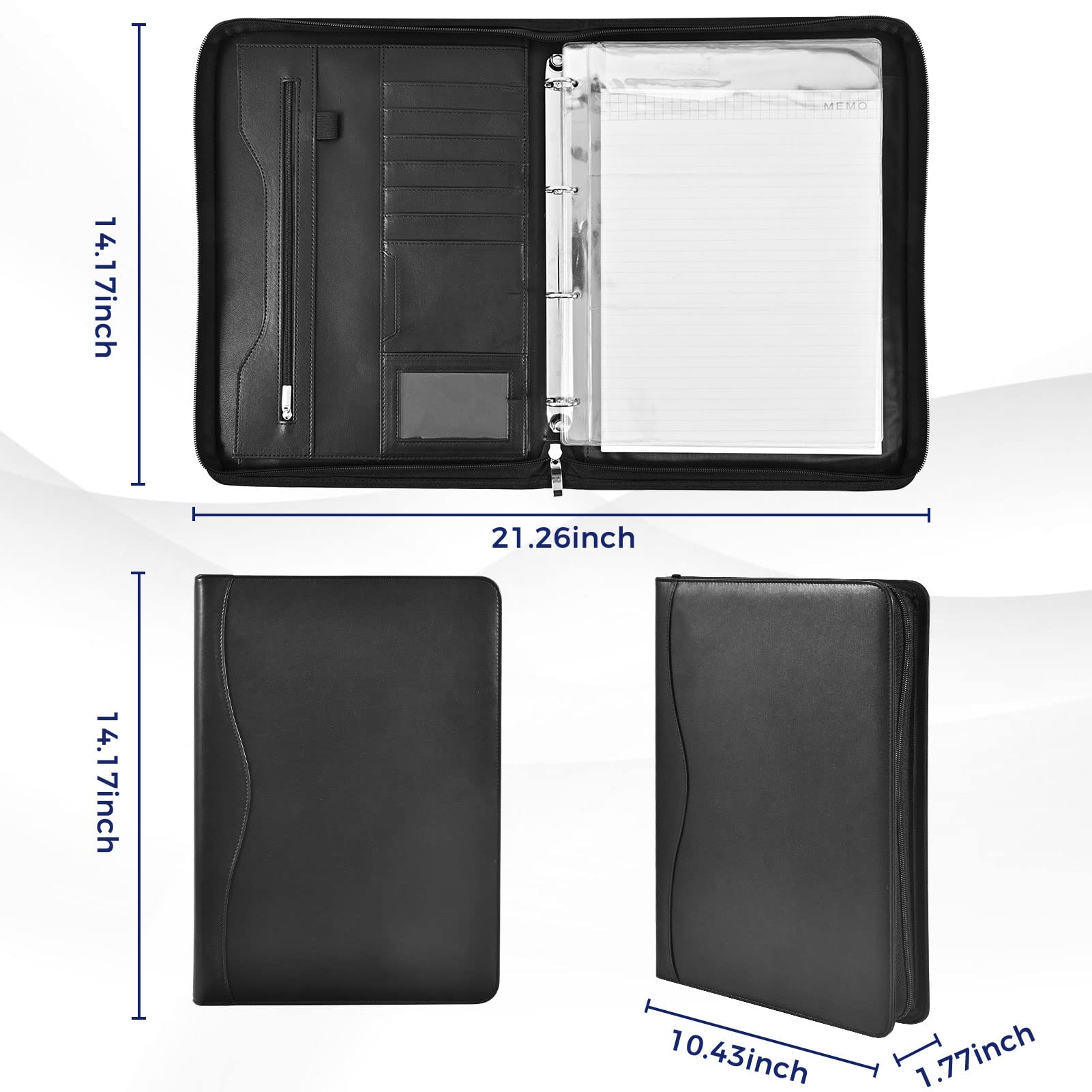 Porte-documents organiseur d'affaires et carnet de notes à anneaux amovibles, classeurs à fermeture éclair pour homme et femme (noir)