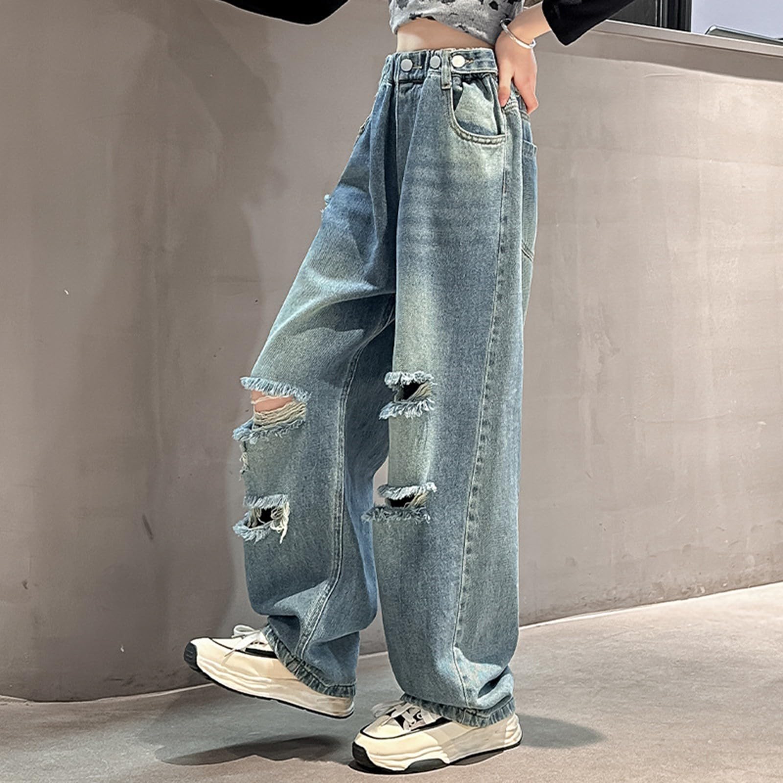 Generisch Stretch Jeans Mädchen,Madchen Elastische Bund Baggy Denim Hosen Mädchen Boyfriend Verstellbarem Bund Jogging Hose Gefütterte Lässige Teenager Girls' Casual Hosen Schlagjeans