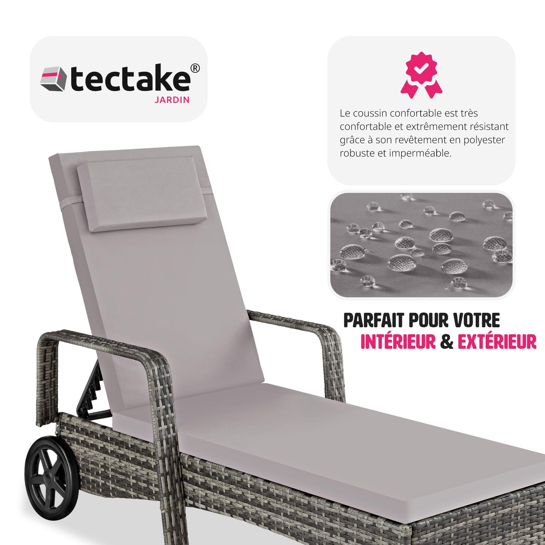 tectake® Bain de Soleil Chaise Longue en Resine Tressee Résistant Cadre en Aluminium Inclinable avec roulettes Transat Salon de Jardin Exterieur Mobilier de Jardin Chaise Longue Piscine - Gris