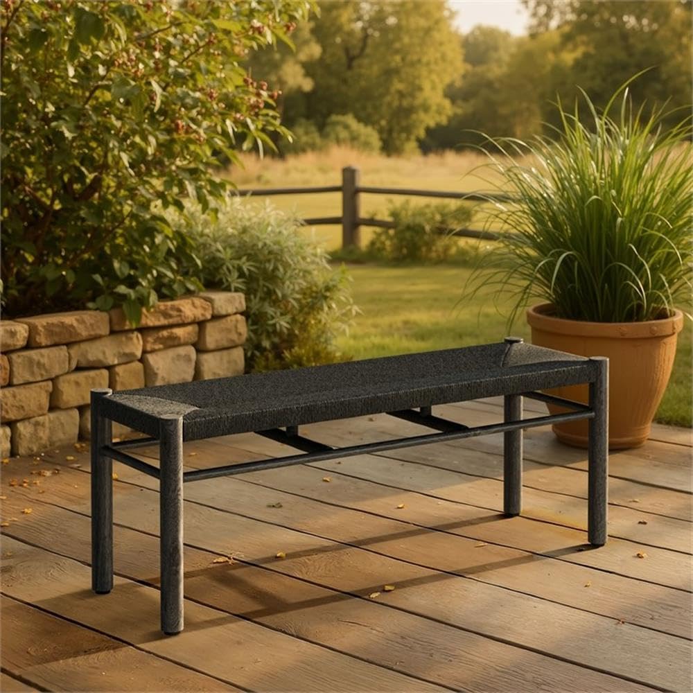 Pemberly Row Outdoor Bench, Black Faux Wood Aluminum Frame, Contemporary Style, Weather-Resistant, 46.5 in Seat, 17.7 in Height, Seats 2, Durable Patio or Garden Bench for Relaxation