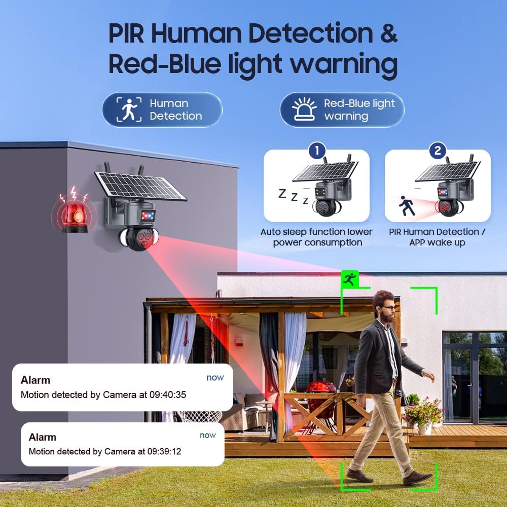 PIR human detection and red-blue light warning in action