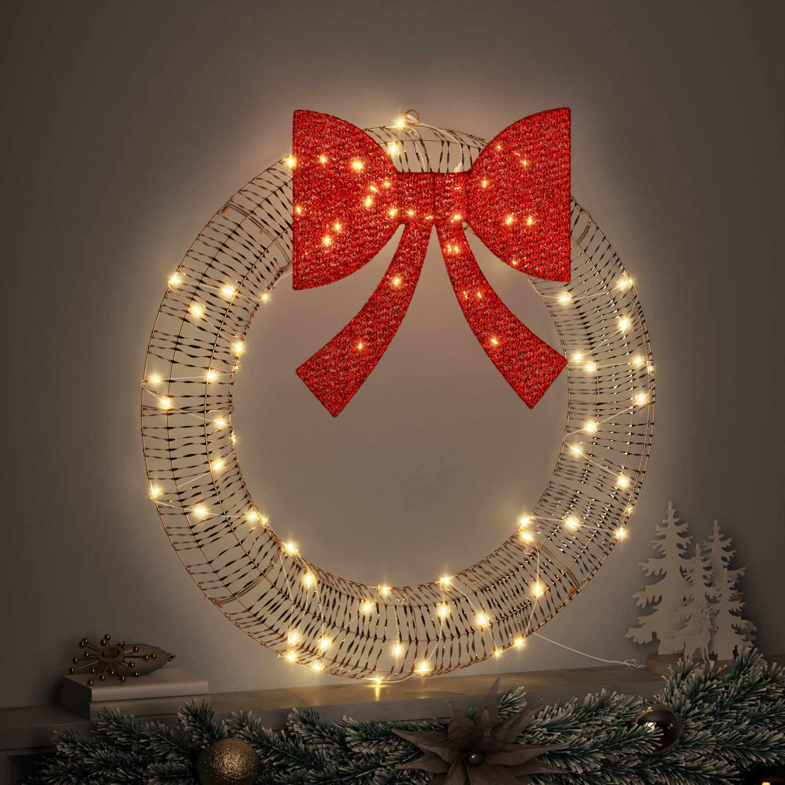 Couronne avec 80 LED blanc chaud PET 91 x 91 x 9 cm avec grand nœud et bande LED USB pour décoration d'arbre de Noël, décoration festive intérieure et extérieure, éclairage de l'Avent