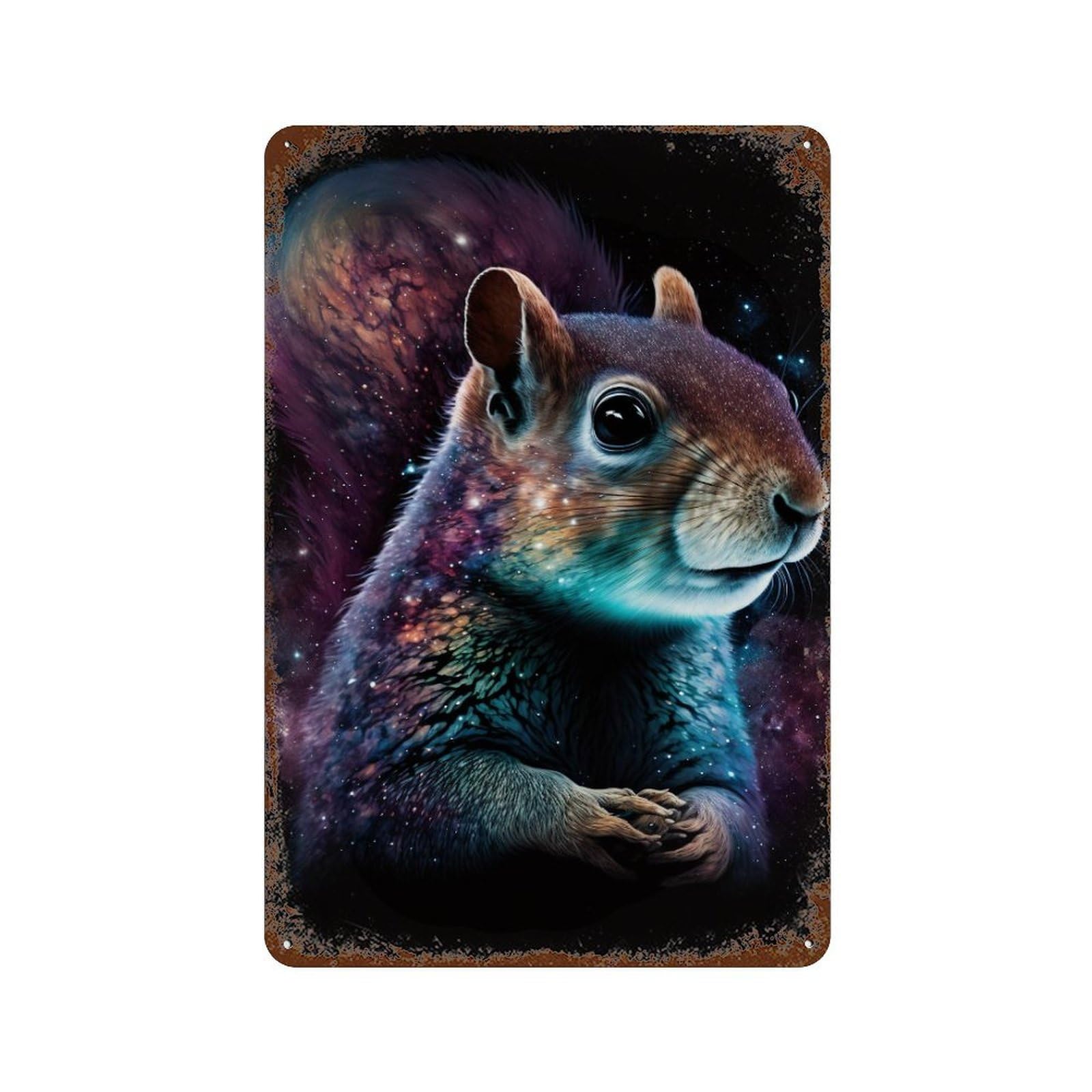 Rust Effect Cosmic Squirrel Art Print-1 Weathered Tin Sign 11.8"x7.9", Shabby Chic Decor for Patio, Garden Room And Bar Decor