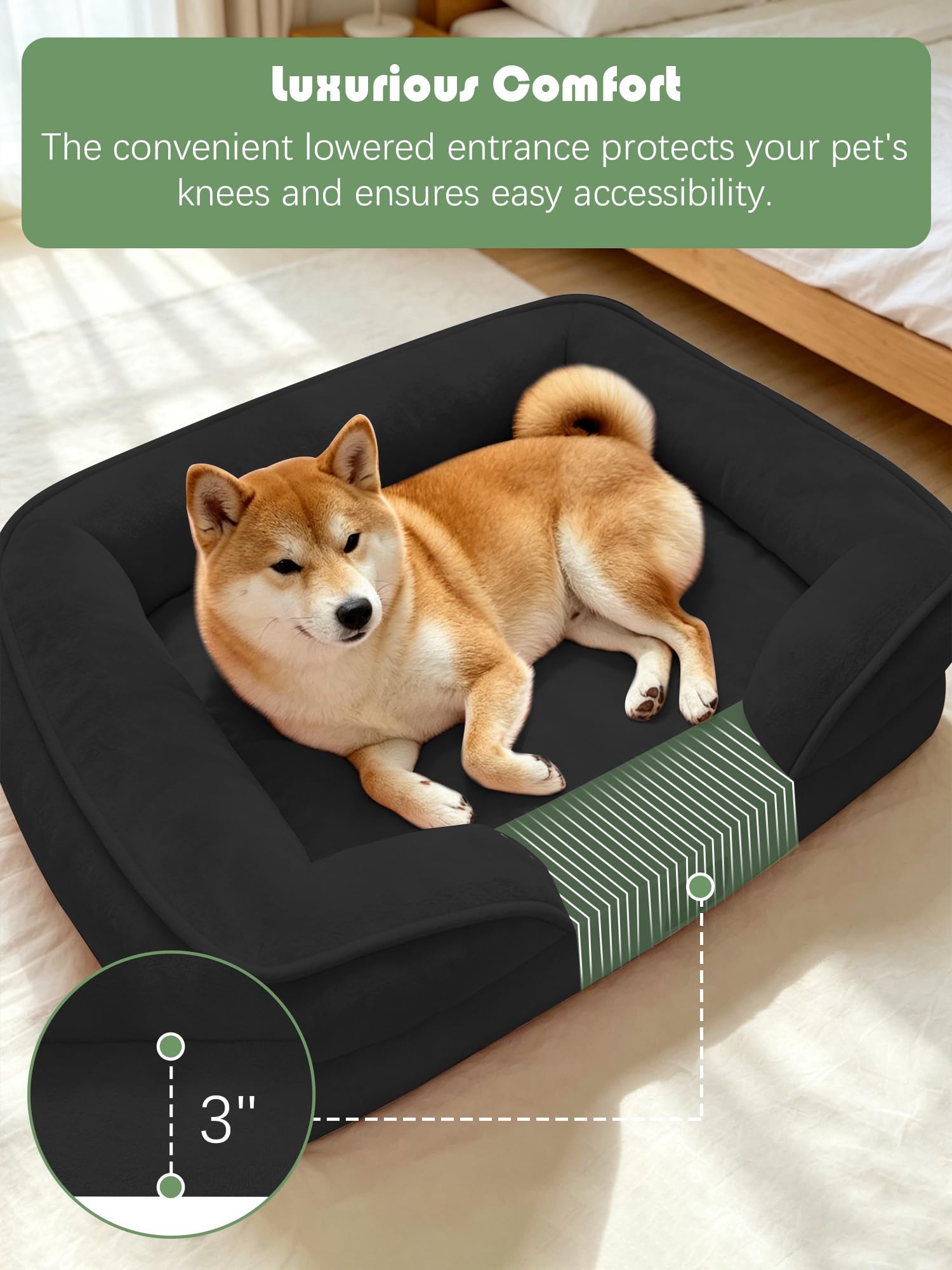 Spotted Play Orthopedic Dog Bed with Sides - Sofa Beds for Medium Dogs, Supportive Foam Pet Couch Bed with Washable Removable Cover, Waterproof Lining and Non-Slip Bottom, Black - M view 3
