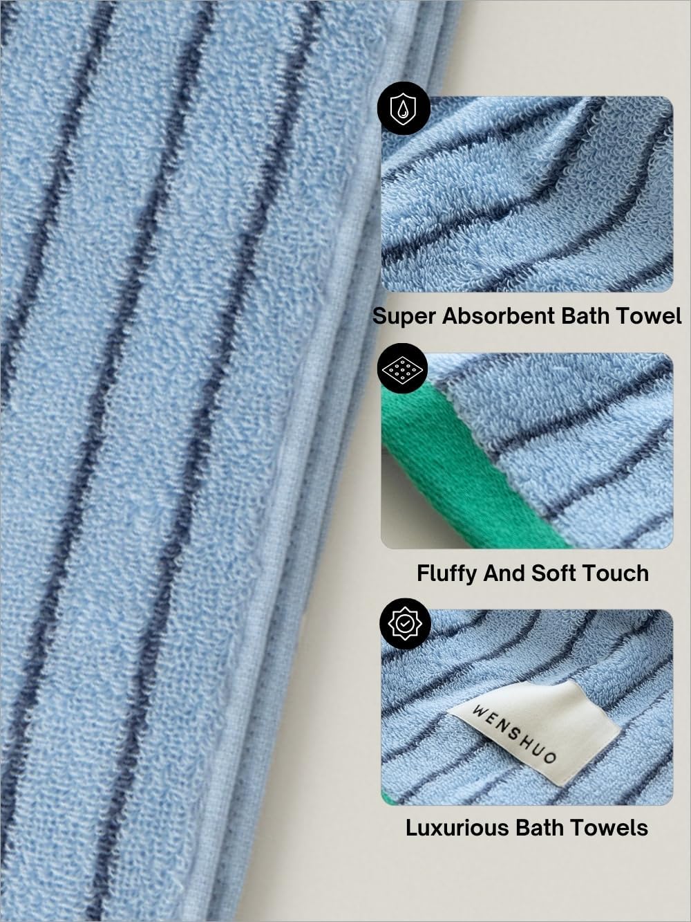 WENSHUO Tranquil Bluejay-Striped Pure Cotton Bath Towel,100% Combed Cotton,Luxury Shower Towel,Super Absorbent(Pack of 1) (55.12" L × 27.56" W) - Image 3