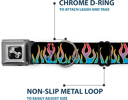 Miniatura 5 de Buckle-Down Collar de perro con hebilla de cinturón de seguridad, llamas, negroazulrosa, 1 pulgada de ancho, se adapta a cuello de 11-17 pulgadas,
