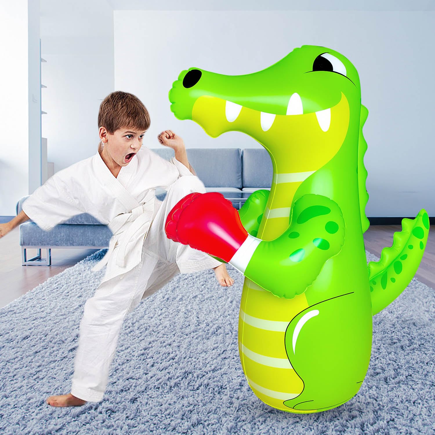 Saco de boxeo de 120 cm para niños, saco de boxeo de pedestal para niños, chupete inflable, saco de boxeo inflable de dinosaurio, saco de boxeo antiestrés para niños