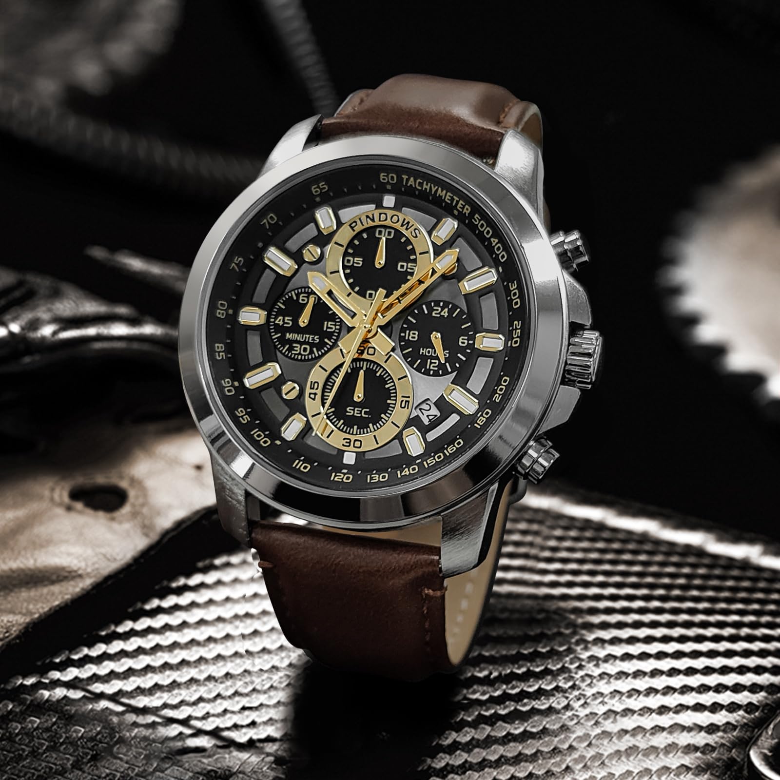 PINDOWS Orologio da uomo analogico al quarzo cronografo impermeabile luminoso orologio da polso con cinturino in pelle nero marrone per abbigliamento business e casual