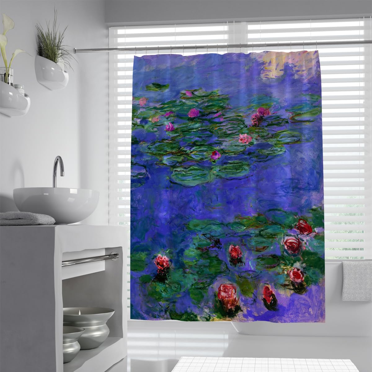 OLLIAR Home Boho Blue Purple Shower Curtain Set Vintage Impressionist Water Lily Lotus Pond Landscape Aesthetic Bathroom Curtains Waterproof Fabric with Hooks 120x200cm