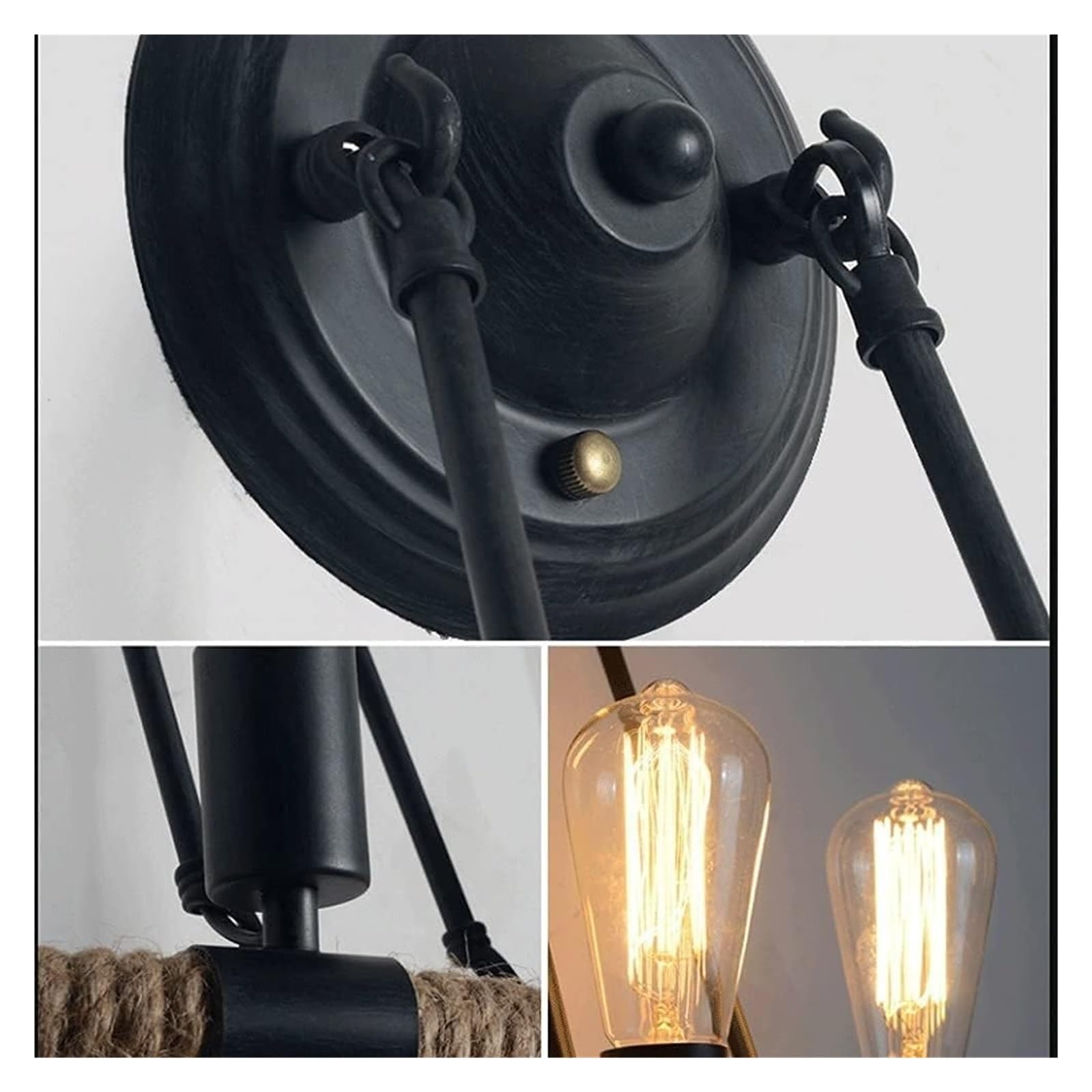 Lámpara De Pared Retro De Cuerda De Cáñamo, Aplique De Pared Industrial De Metal Retro para Bar, Luminaria De Doble Cabezal De 2 Luces E27, Iluminación Colgante De Pared,