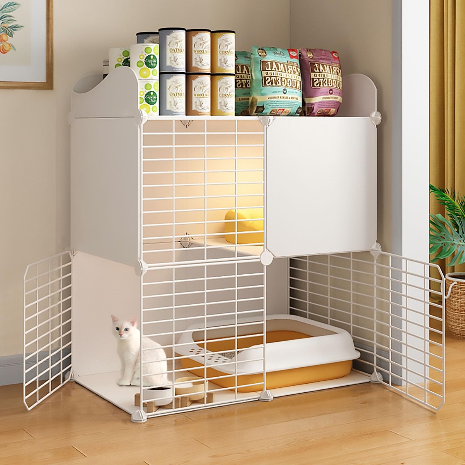 Cage pour chat structure semi-fermée en métal parc à deux niveaux