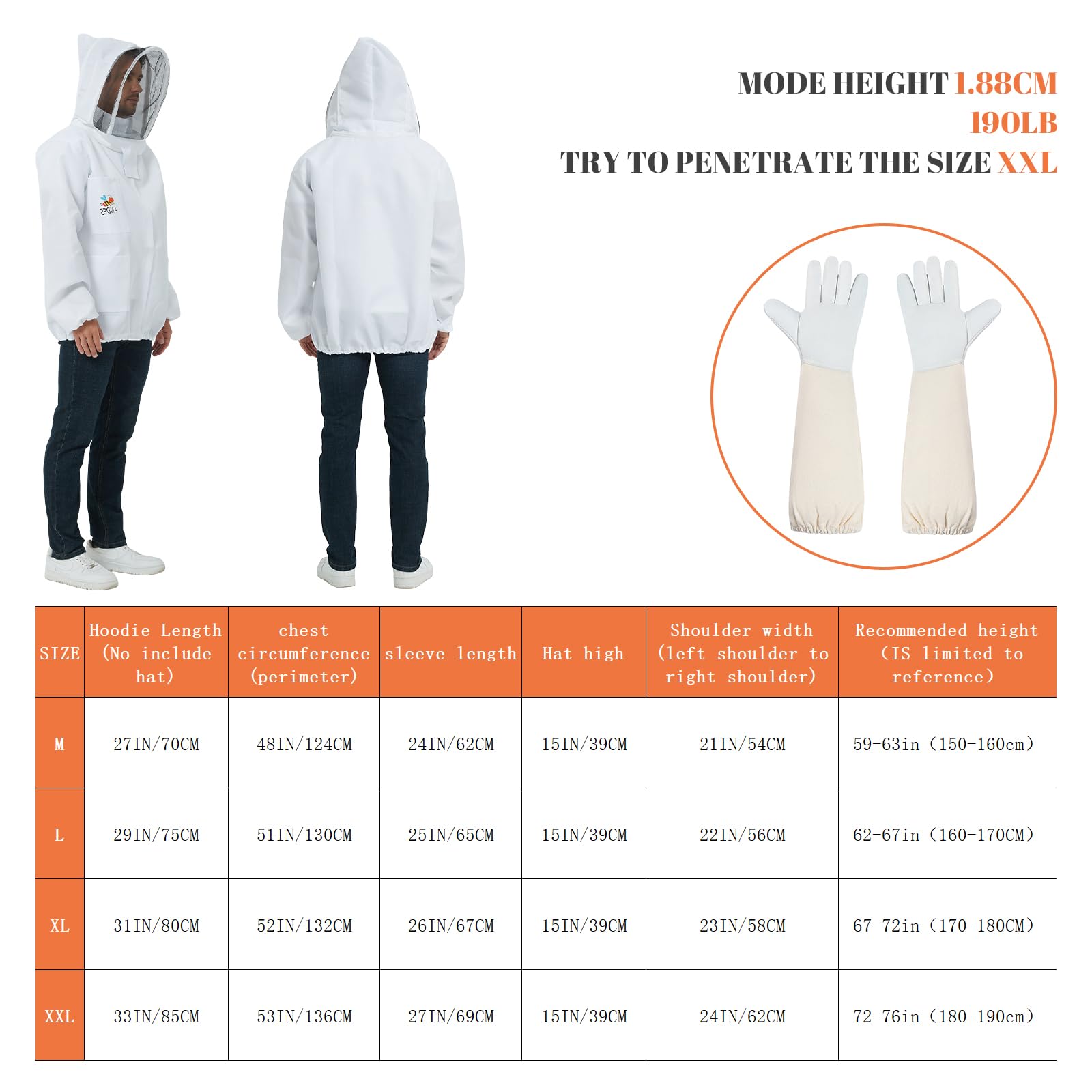 Bienenanzugjacke - Imkerjacke für Männer und Frauen, Hut mit Schleier - stichfeste professionelle Bienenjacke mit Imkerhandschuhen aus Schaffell (M)