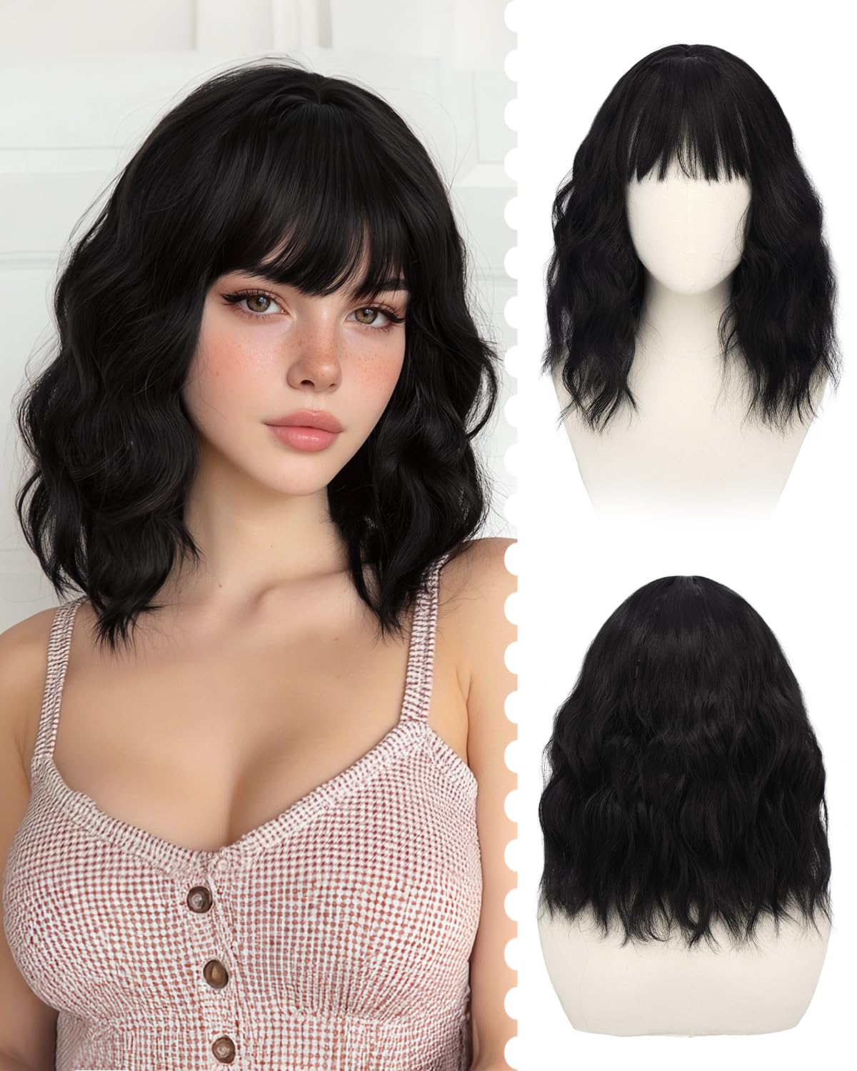 Black Short Wavy Bob Wig with Bangs, 14 Inch Synthetic Wig