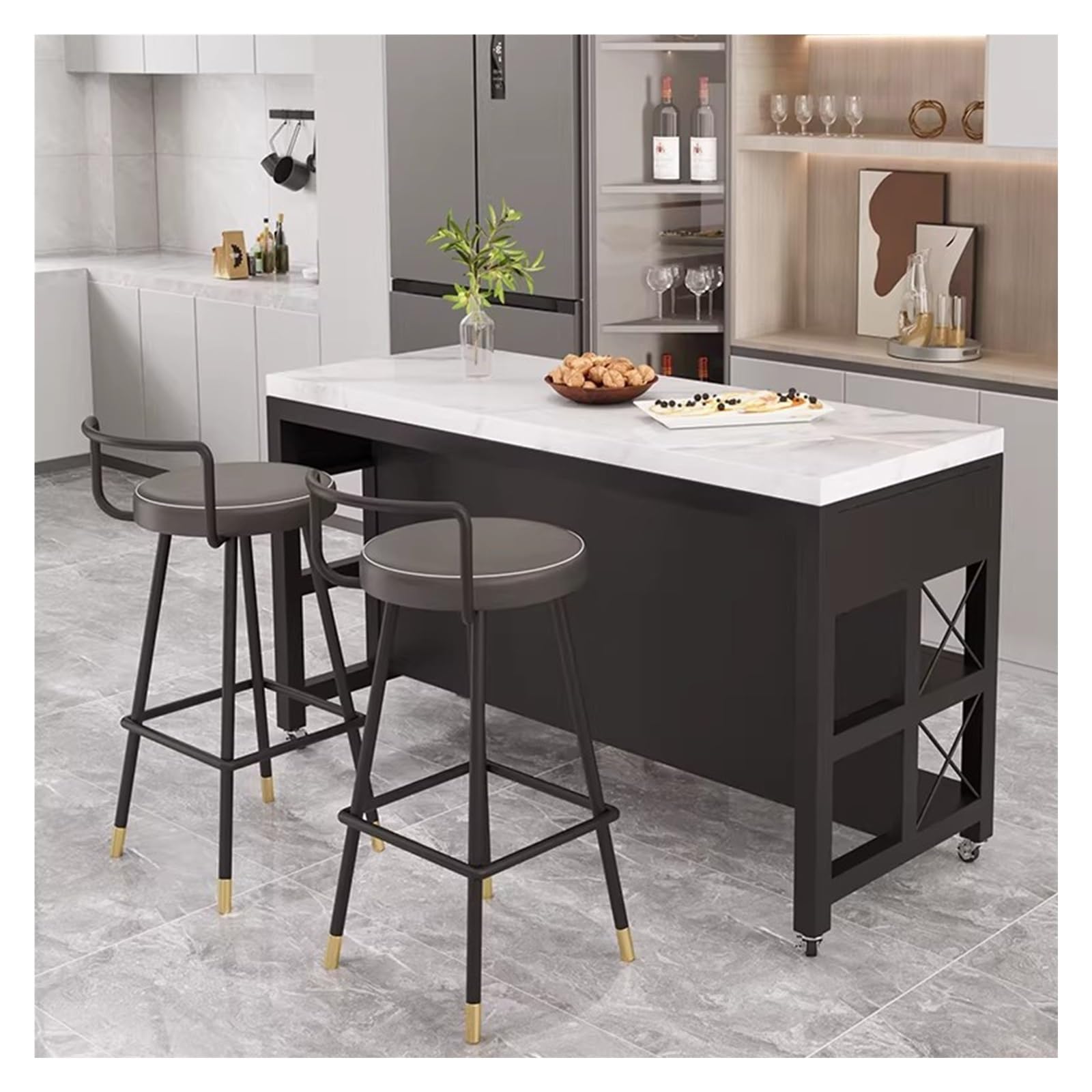 Mobile portaoggetti con cassetti, Carrello for isola da cucina con rotelle, cassetti e ripiani portaoggetti con struttura in metallo e piano in marmo , per riporre la cucina e utilizzare il bancone(M)