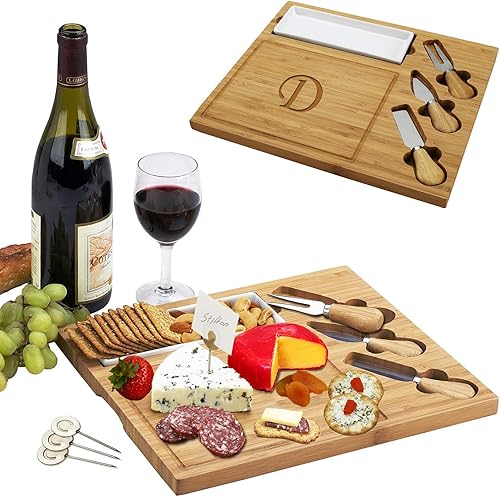 Miniatura 18 de Picnic at Ascot - Tabla de quesos de bambú grabada, personalizada, con 3 cuchillos de queso, plato de cerámica y marcadores de queso, diseño y letra
