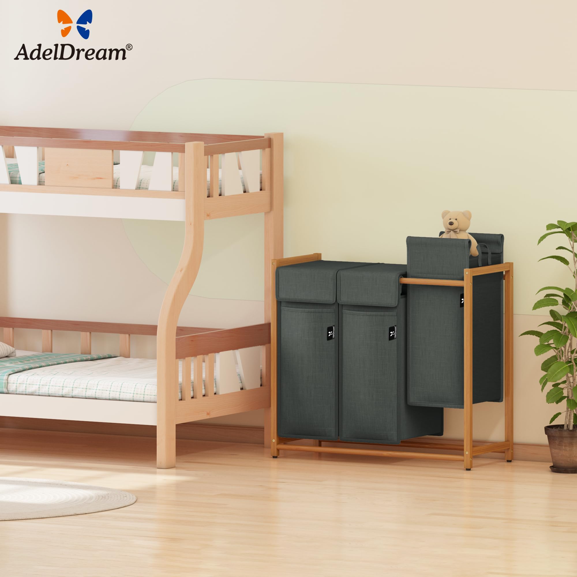 AdelDream Cesto per Biancheria, Separatore per Vestiti, 3 Scomparti, Carrello per Biancheria con Tasche Rimovibili, Bambù 150 L, Grigio Scuro