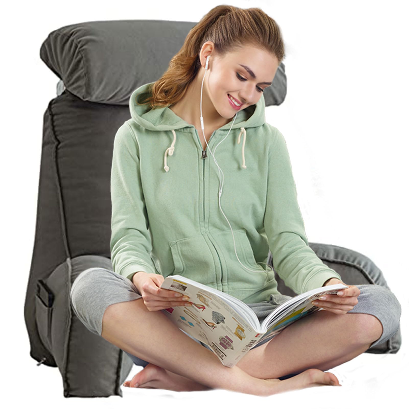 AMWTH Large Reading Pillow With Neck Roll,Soft Comfy Backrest Support Cushion,Lumbar Cushion,with Arms And Pockets,Washable Pillowcase,for Sitting In Bed,Reading,Gaming,Watching TV