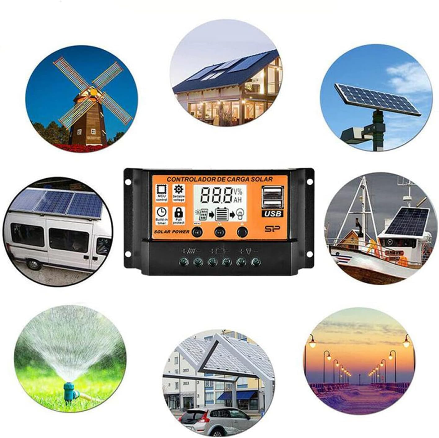 kh 30A Solar Charge Contoller 12V/ 24V Solar Panel Charge Controller Intelligent Regulator with Dual USB Port Auto Parameter LCD Display - Timer Setting ON/Off Hours (30 A) - Image 5 thumbnail