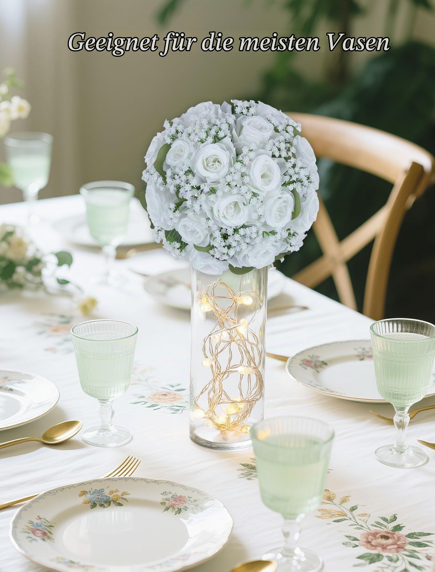 BLOSMON Kunstblumen Rosen Schleierkraut Hochzeitsdeko, 10 Stück, Weiß | Künstliche Rose Gypsophila Blumenstrauß, Blumen Kugeln für Tischdeko, Hochzeit Party, Tafelaufsätze Dekoration, Zimmer Deko