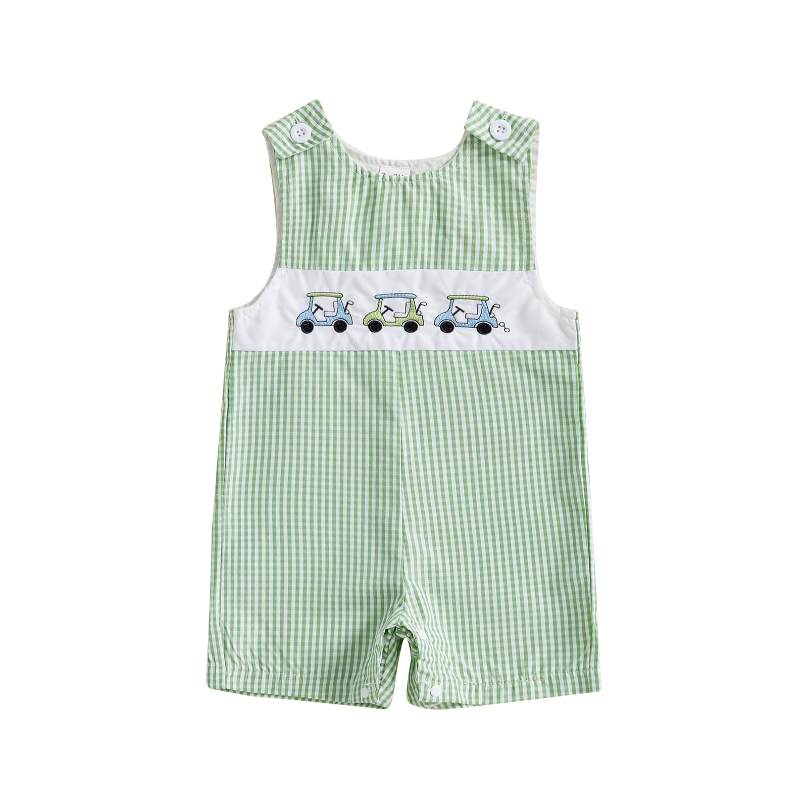 Thilsidee Infant Baby Boy Girl Golf Overalls Outfit Sleeveless Plaid Romper Straps Jumpsuit One Piece Playsuit Casual Clothes (A-Green, 6-12 Months)