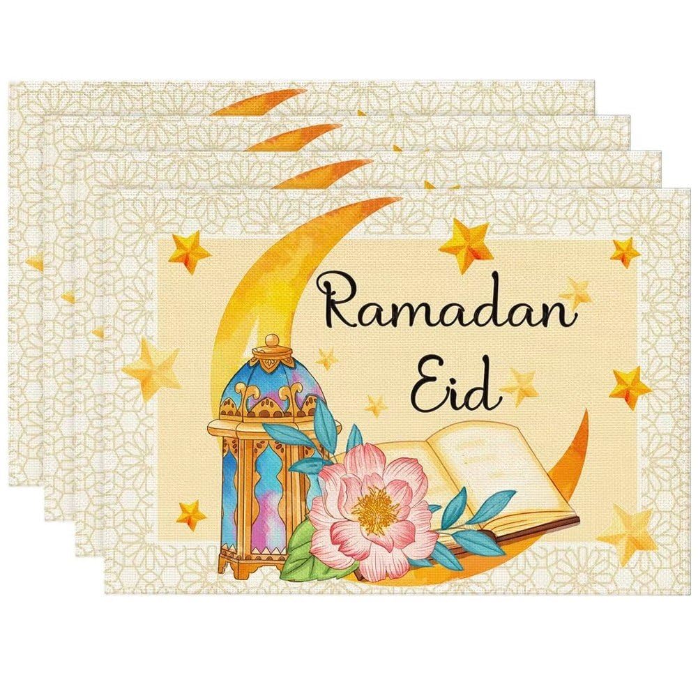 Baokuan Ramadan Placemat Set of 4, Eid Mubarak Placemats Moon Lamp Star Church Eid Place Mats for Dining Table Farmhouse Rustic Table Mats Decor