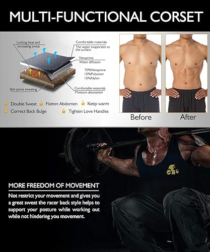 Vista 16 de Chaleco de sauna para hombre, entrenador de cintura, moldeador de cuerpo, neopreno caliente, deporte, fitness, gimnasio, entrenamiento, camiseta sin