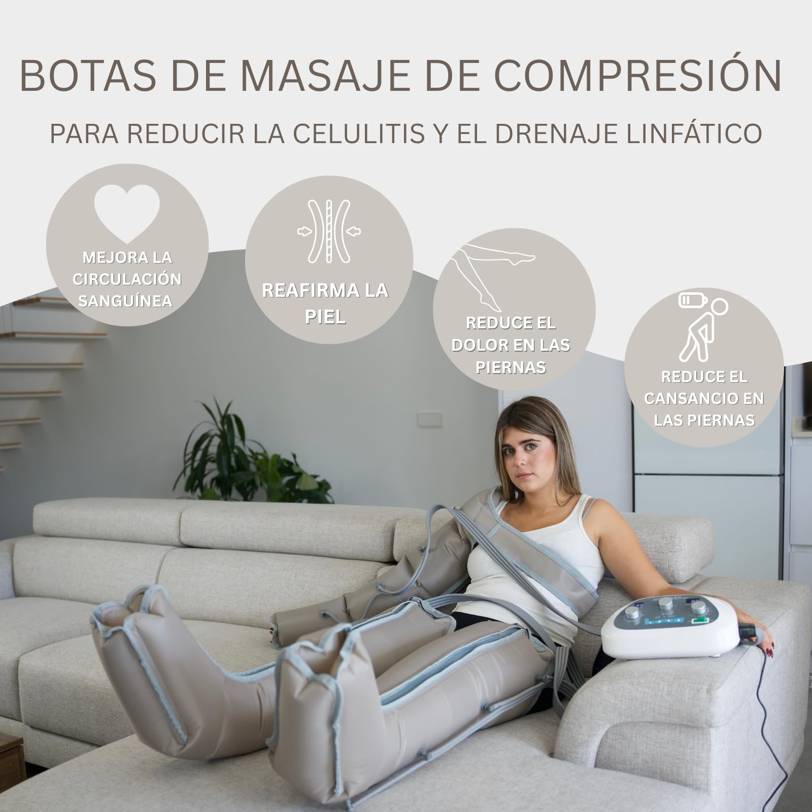 Presoterapia para Casa, para Piernas y Pies Cansados, 4 Cámaras Superpuestas, Favorece la Circulación y el Drenaje Linfático, Fácil de Usar, Eficacia Avanzada (Dispositivo, Perneras, Faja y Brazo)