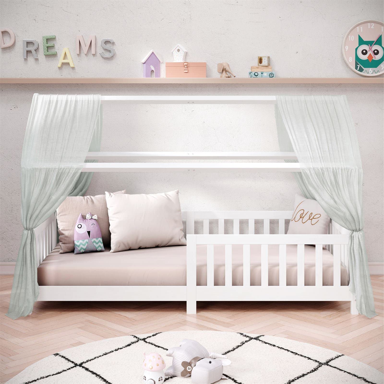 IDIMEX Hausbett NINA, Kinderbett mit Rausfallschutz 90x200, Massivholz Weiß