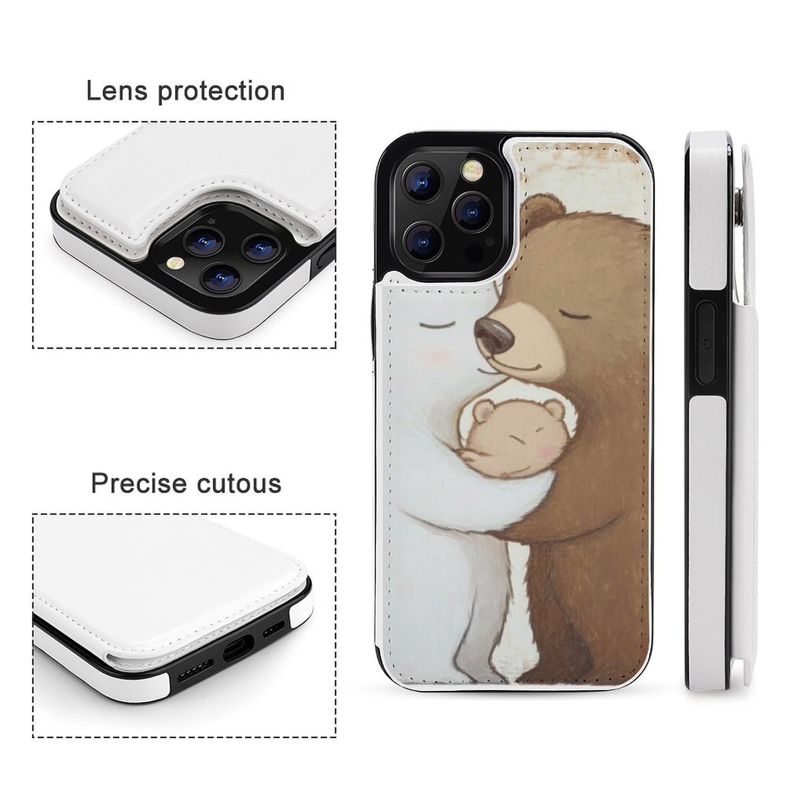 Fundas tipo cartera para iPhone 12 Pro Max, diseño de oso blanco, funda de piel con ranuras para tarjetas