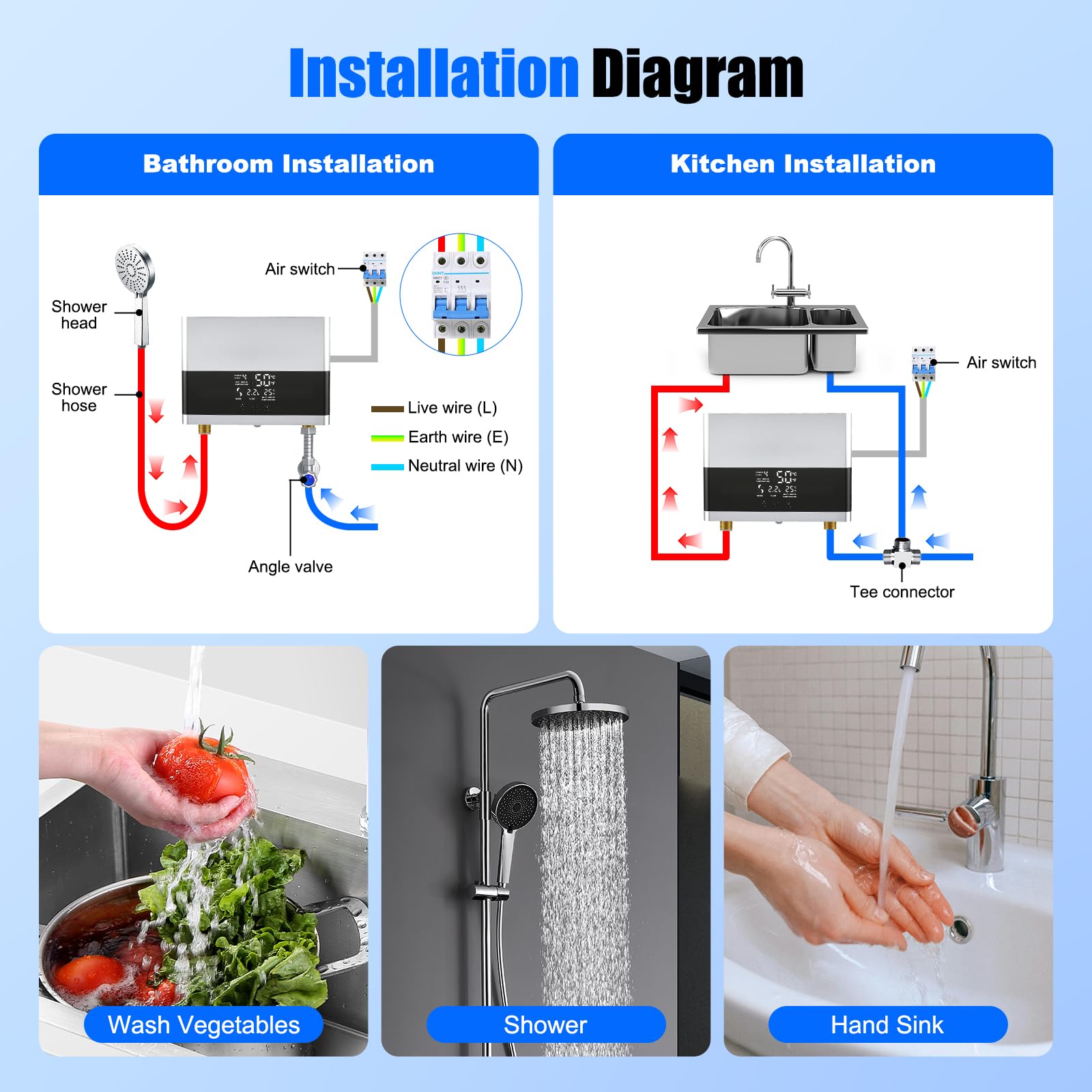 Scaldacqua istantanea da 6000 W, 230 V, con telecomando e display a LED, mini scaldabagno elettrico per doccia e cucina, con soffione doccia, protezione IPX4 per bagno e giardino (argento)