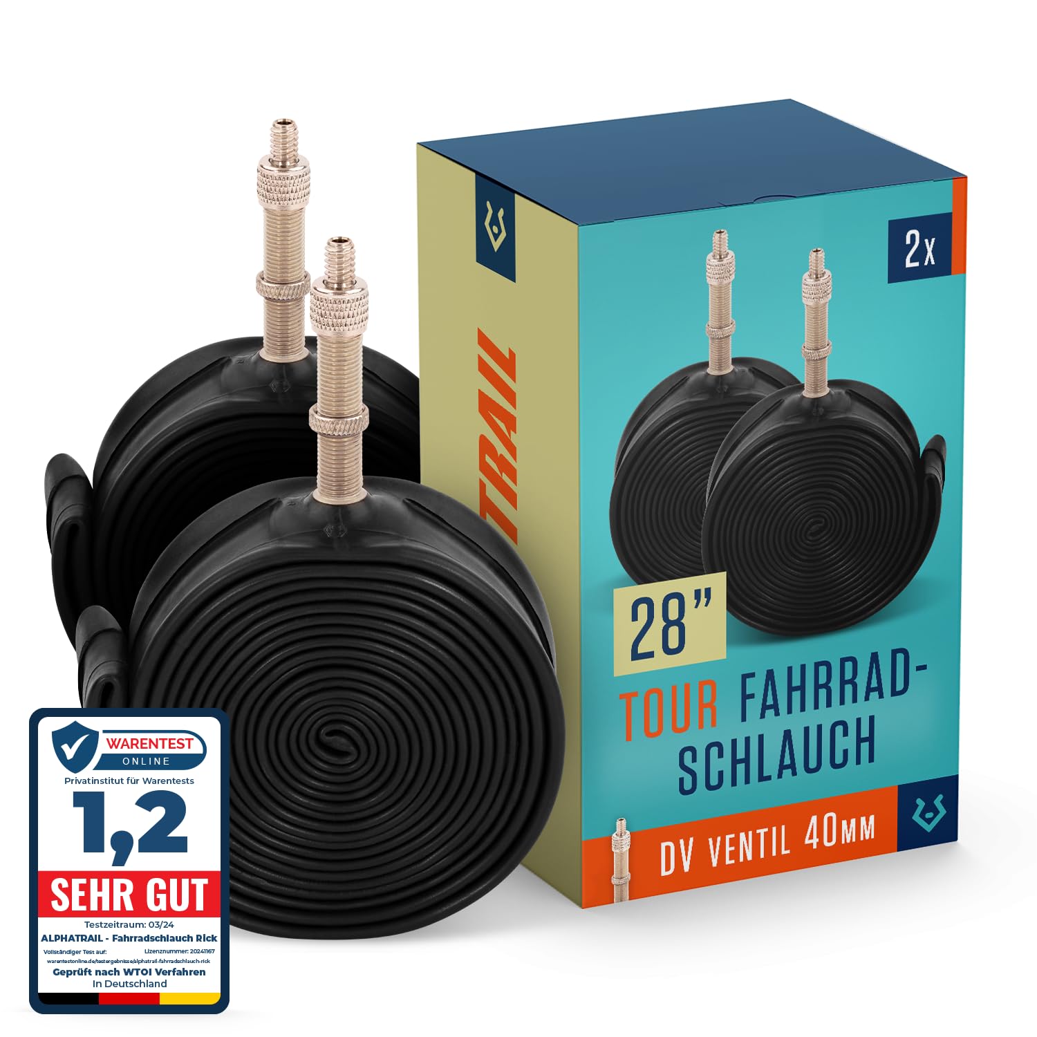 Alphatrail Fahrradschlauch Rick 28 Zoll DV Dunlopventil 2X Set mit Mobilitätsgarantie I Kompatible Fahrradreifen Schwalbe, Continental, Conti, Michelin, Kenda & Maxxis Fahrrad Schlauch