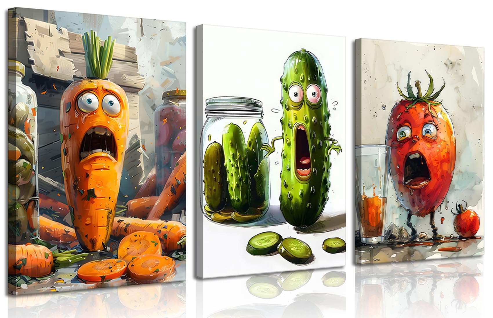 Funny Kitchen Canvas Wall Art Set of 3 Whimsical Pickle Wall Decor Pictures Cute Cool Vegetable Food Modern Aesthetic Posters Prints for Dining Room