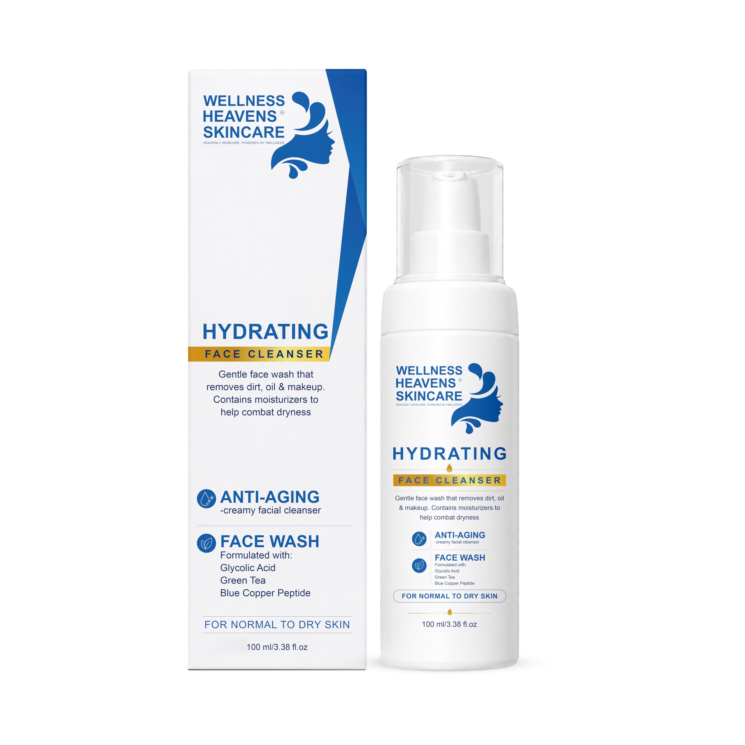 Wellness Heavens Hydrating Face Wash for Women & Men – Gentle Foaming Facial Cleanser with Collagen Peptides, Glycolic Acid, Hyaluronic Acid & Aloe